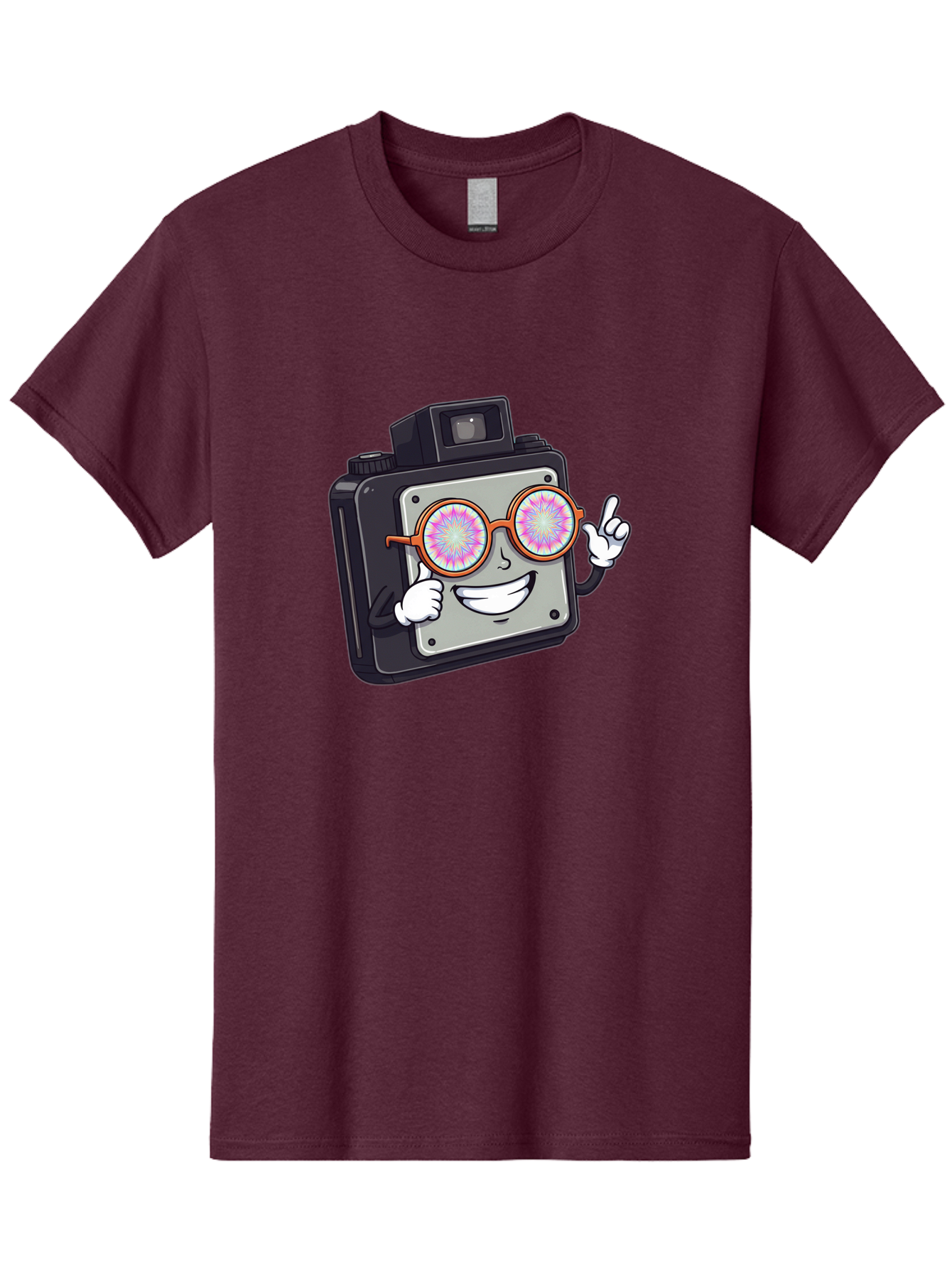 Instant-Camera-Character Men'S Graphic Tee, 100% Cotton, Comfortable Casual Summer Wear, Machine Washable, Cartoon Camera, Sunglasses, Pink Lenses, Funny Character, Playful Vibe, Happy Expression, Creative Illustration, Fun Photography Bae470