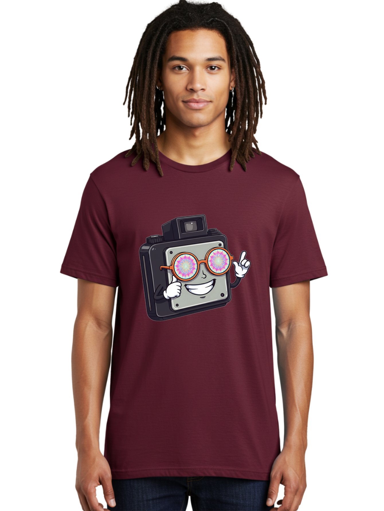 Instant-Camera-Character Men'S Graphic Tee, 100% Cotton, Comfortable Casual Summer Wear, Machine Washable, Cartoon Camera, Sunglasses, Pink Lenses, Funny Character, Playful Vibe, Happy Expression, Creative Illustration, Fun Photography Bae470