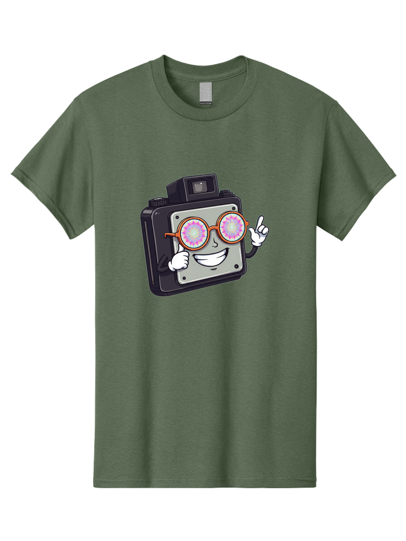 Instant-Camera-Character Men'S Graphic Tee, 100% Cotton, Comfortable Casual Summer Wear, Machine Washable, Cartoon Camera, Sunglasses, Pink Lenses, Funny Character, Playful Vibe, Happy Expression, Creative Illustration, Fun Photography Bae470