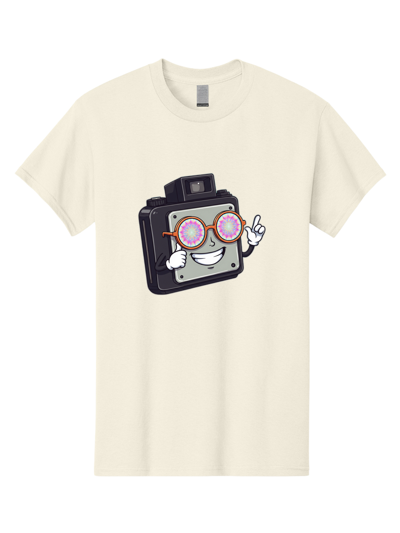 Instant-Camera-Character Men'S Graphic Tee, 100% Cotton, Comfortable Casual Summer Wear, Machine Washable, Cartoon Camera, Sunglasses, Pink Lenses, Funny Character, Playful Vibe, Happy Expression, Creative Illustration, Fun Photography Bae470