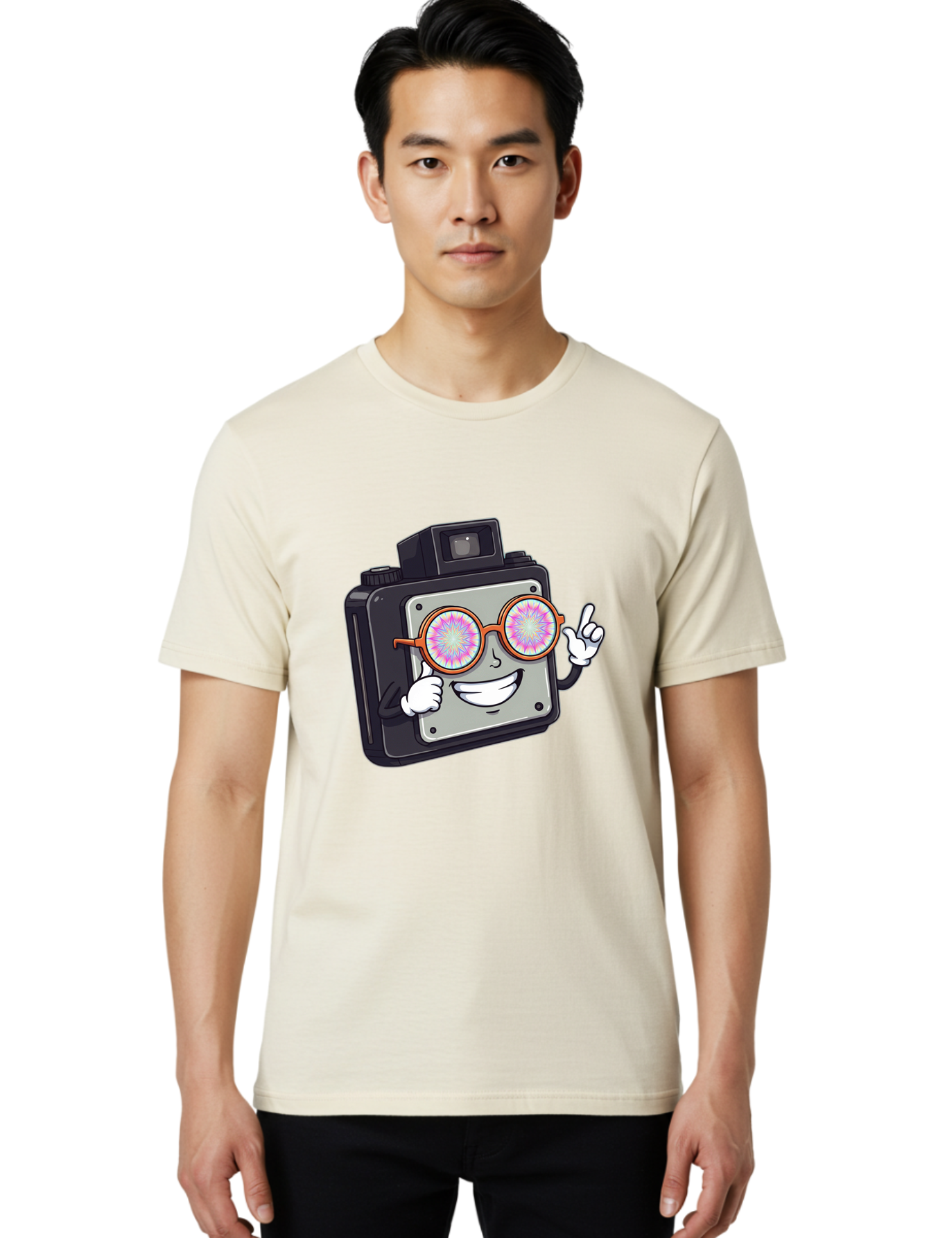 Instant-Camera-Character Men'S Graphic Tee, 100% Cotton, Comfortable Casual Summer Wear, Machine Washable, Cartoon Camera, Sunglasses, Pink Lenses, Funny Character, Playful Vibe, Happy Expression, Creative Illustration, Fun Photography Bae470