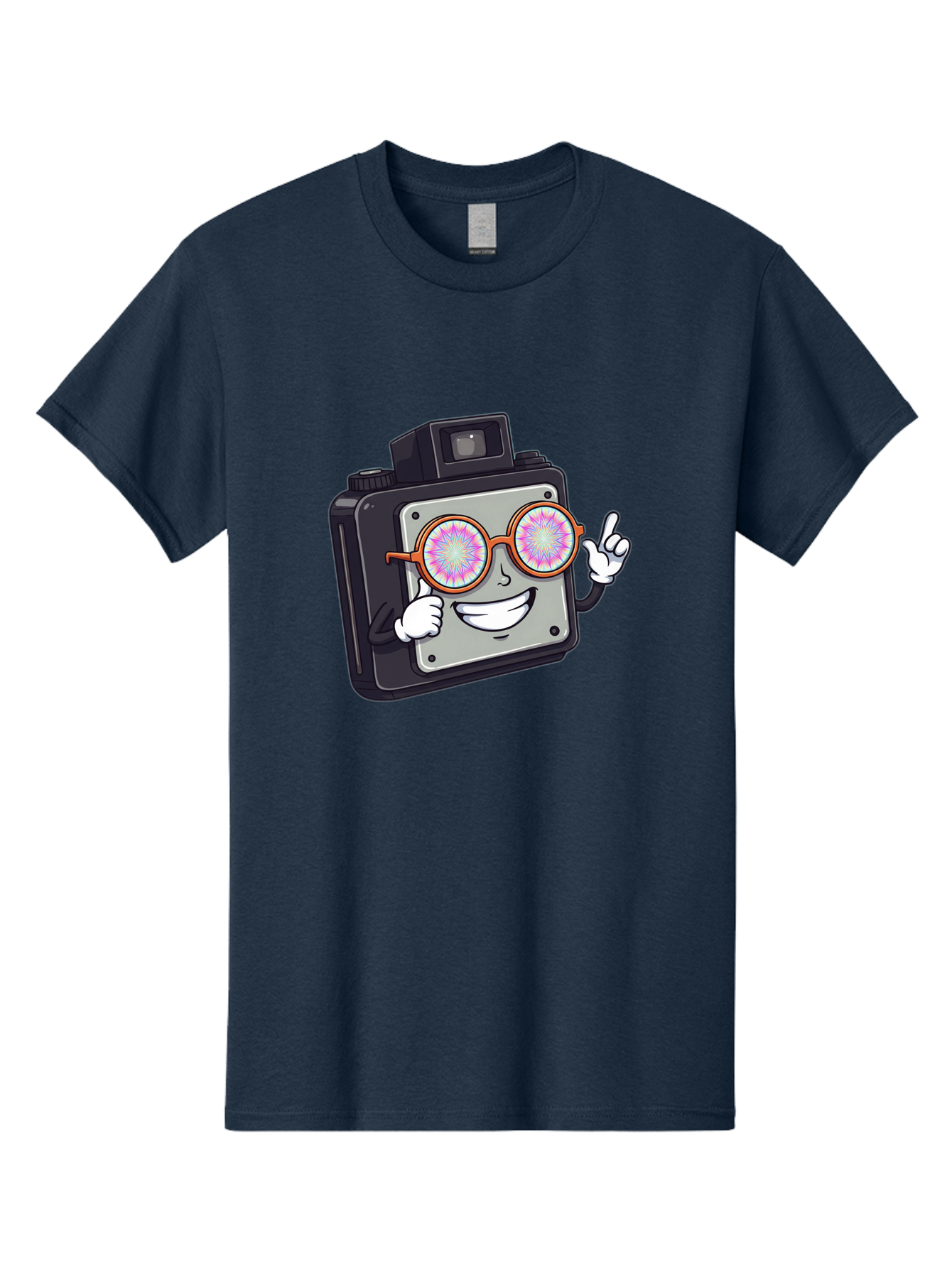 Instant-Camera-Character Men'S Graphic Tee, 100% Cotton, Comfortable Casual Summer Wear, Machine Washable, Cartoon Camera, Sunglasses, Pink Lenses, Funny Character, Playful Vibe, Happy Expression, Creative Illustration, Fun Photography Bae470
