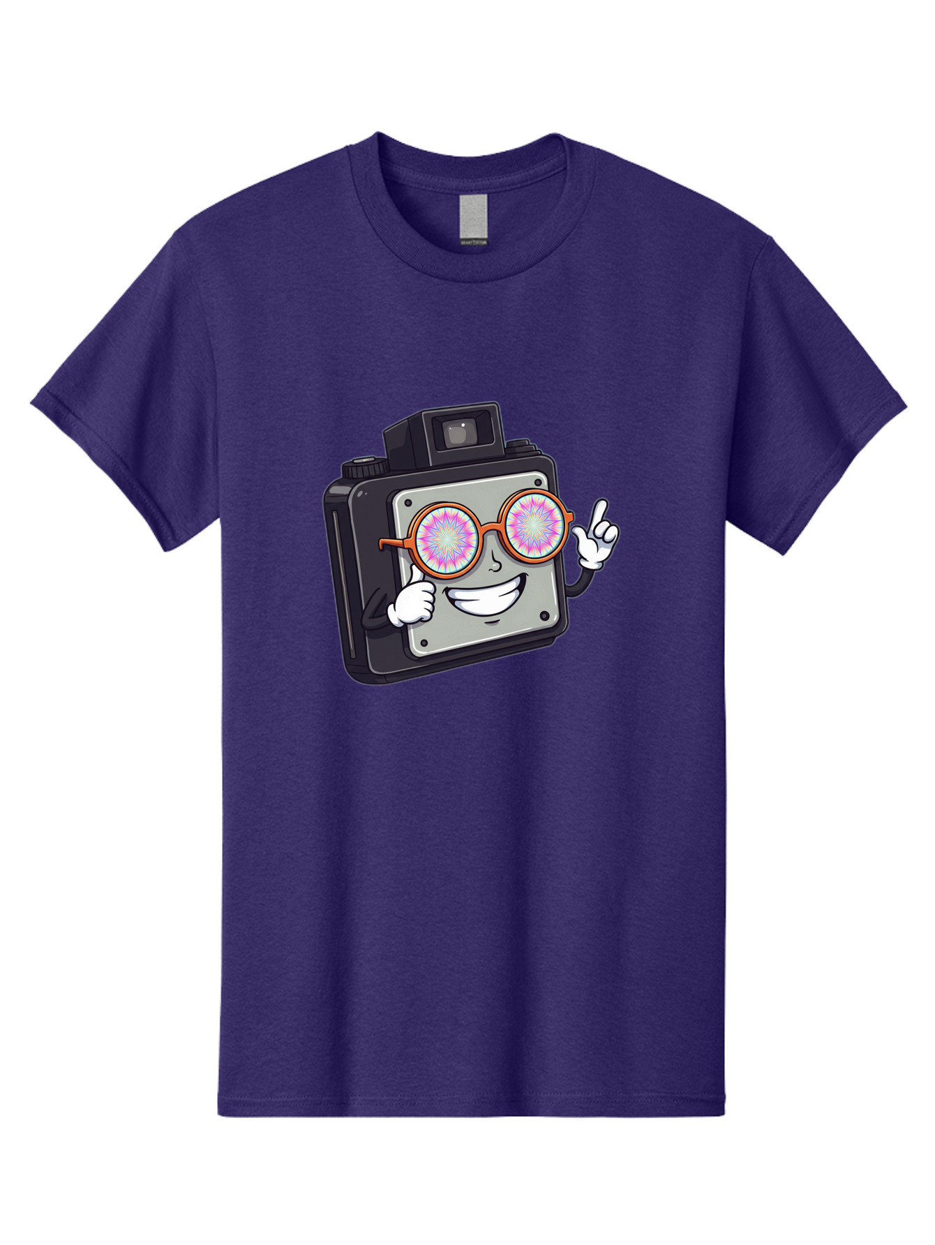 Instant-Camera-Character Men'S Graphic Tee, 100% Cotton, Comfortable Casual Summer Wear, Machine Washable, Cartoon Camera, Sunglasses, Pink Lenses, Funny Character, Playful Vibe, Happy Expression, Creative Illustration, Fun Photography Bae470