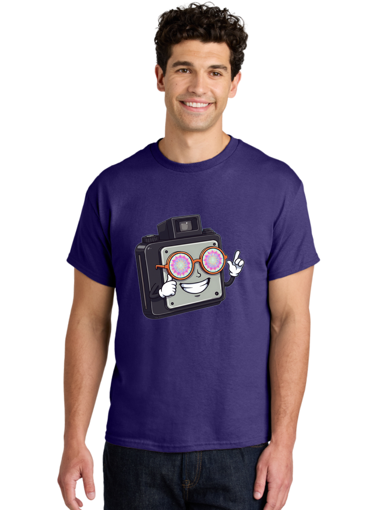 Instant-Camera-Character Men'S Graphic Tee, 100% Cotton, Comfortable Casual Summer Wear, Machine Washable, Cartoon Camera, Sunglasses, Pink Lenses, Funny Character, Playful Vibe, Happy Expression, Creative Illustration, Fun Photography Bae470