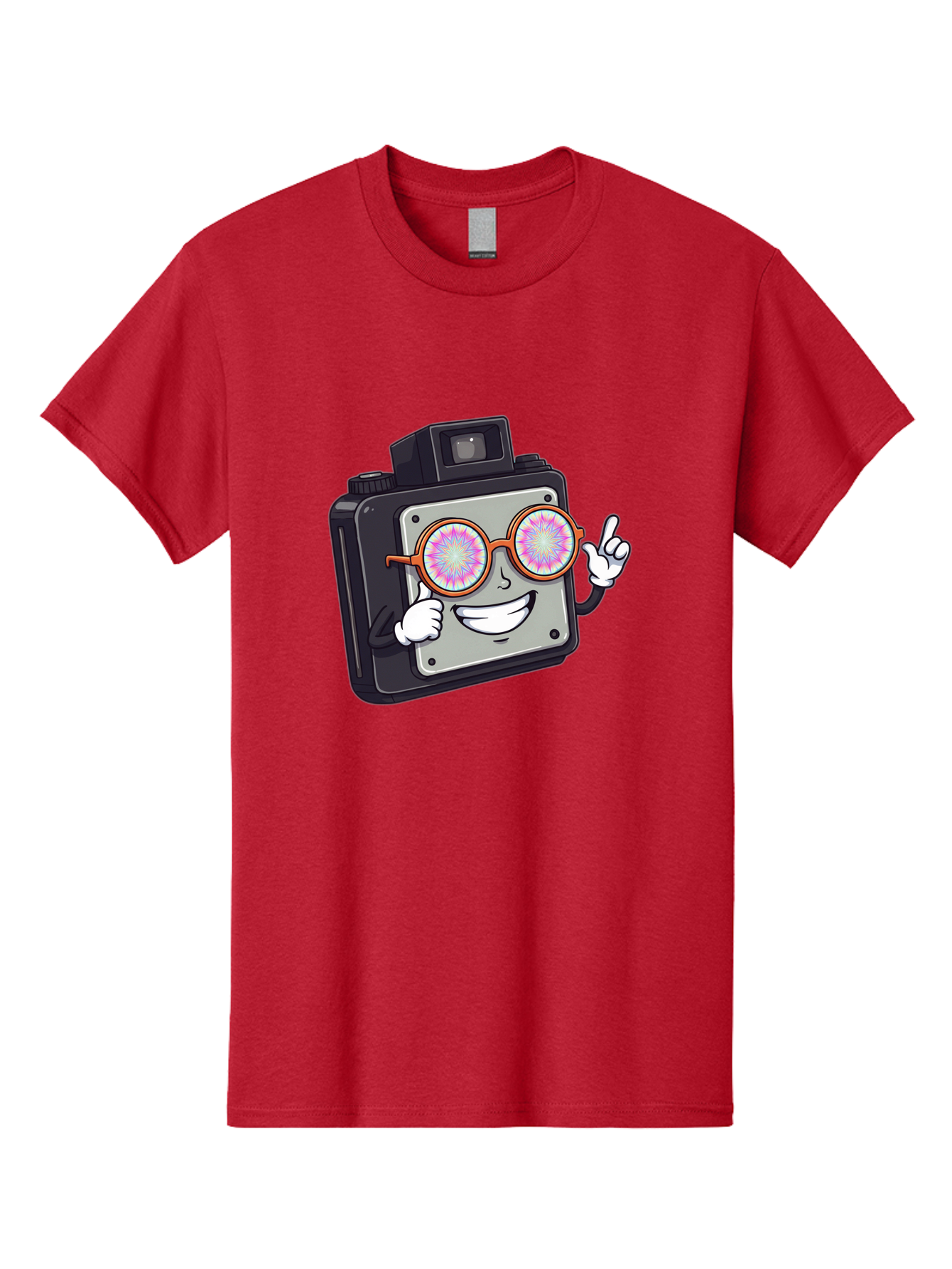 Instant-Camera-Character Men'S Graphic Tee, 100% Cotton, Comfortable Casual Summer Wear, Machine Washable, Cartoon Camera, Sunglasses, Pink Lenses, Funny Character, Playful Vibe, Happy Expression, Creative Illustration, Fun Photography Bae470