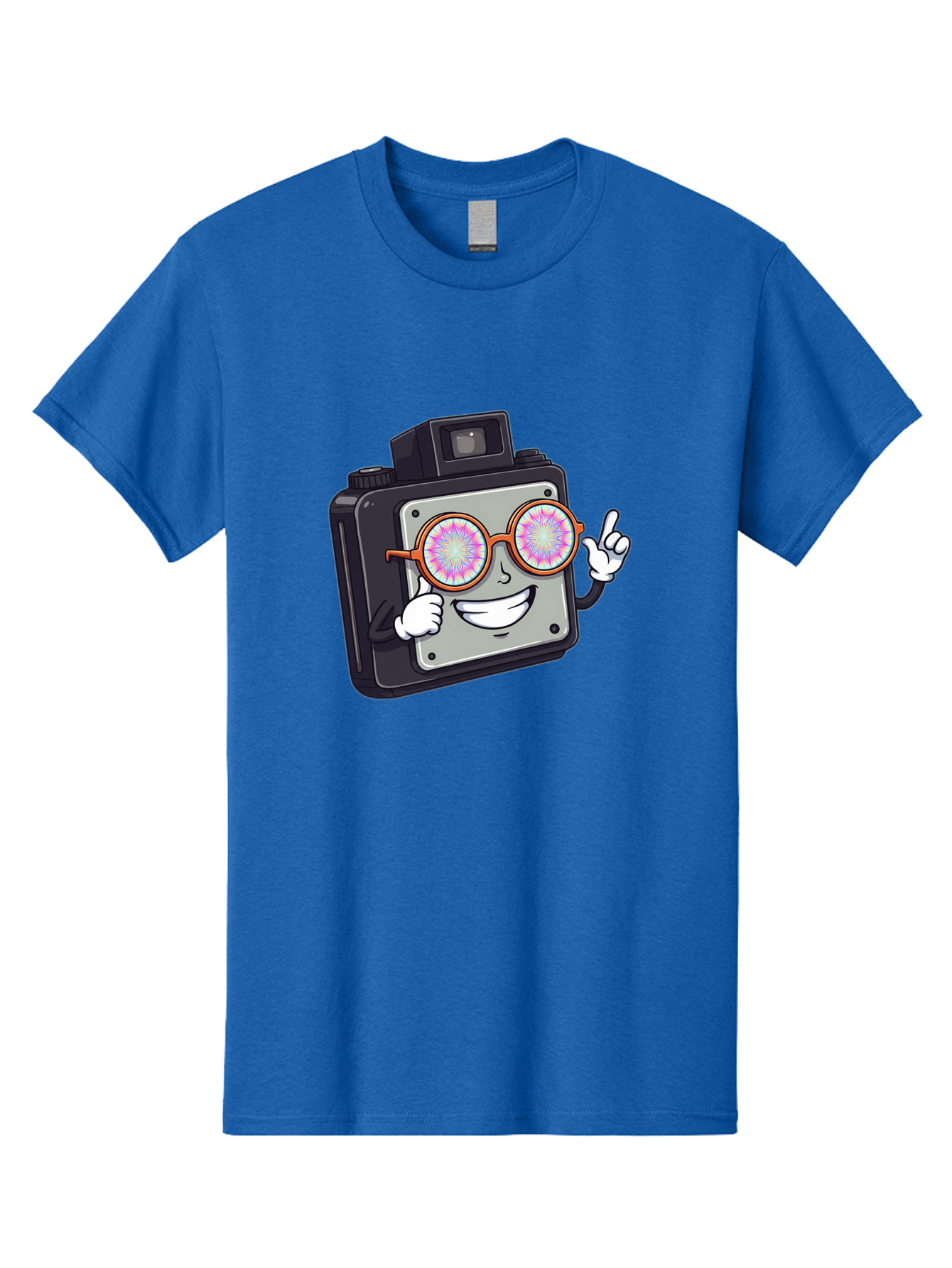 Instant-Camera-Character Men'S Graphic Tee, 100% Cotton, Comfortable Casual Summer Wear, Machine Washable, Cartoon Camera, Sunglasses, Pink Lenses, Funny Character, Playful Vibe, Happy Expression, Creative Illustration, Fun Photography Bae470