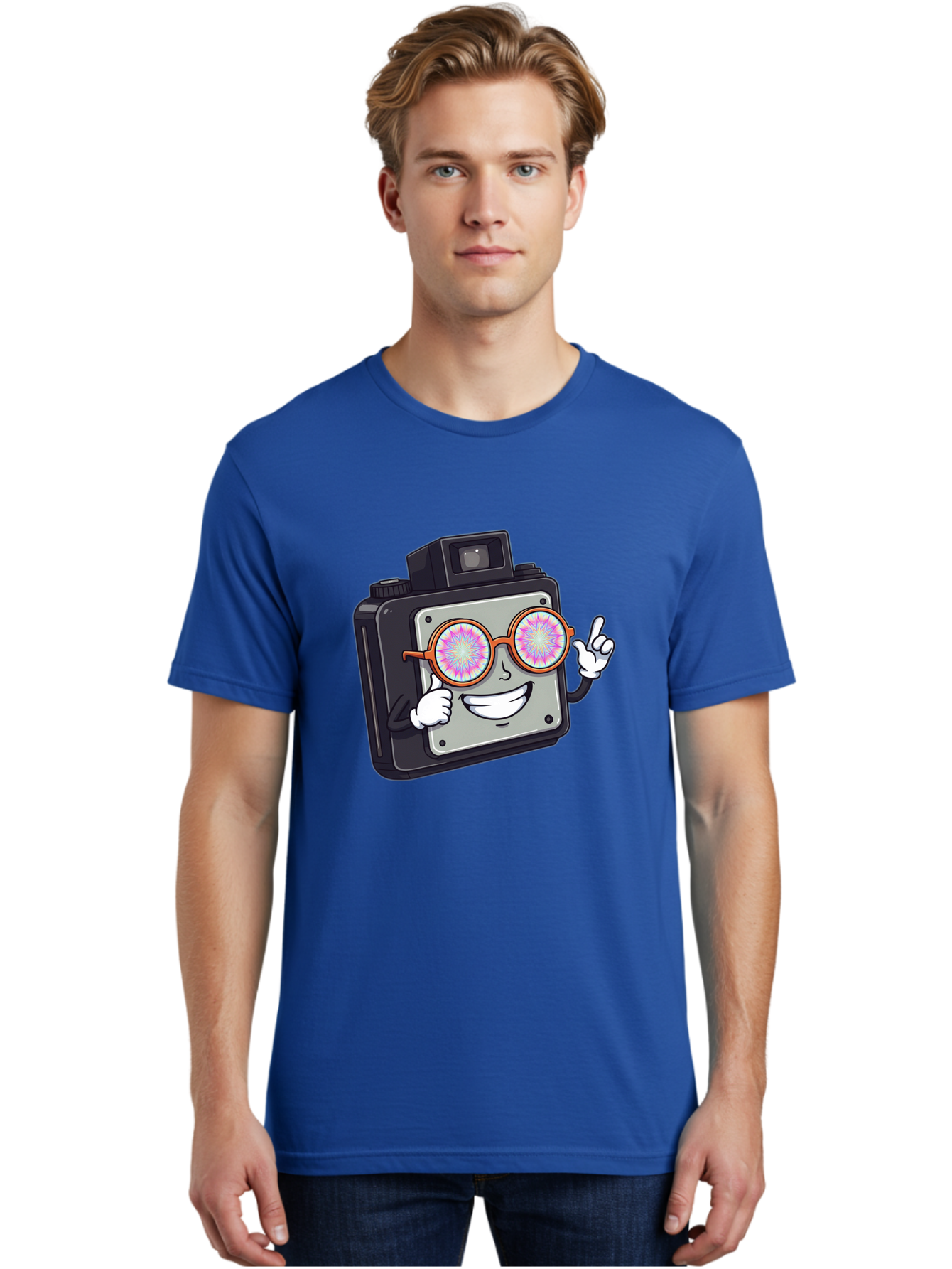 Instant-Camera-Character Men'S Graphic Tee, 100% Cotton, Comfortable Casual Summer Wear, Machine Washable, Cartoon Camera, Sunglasses, Pink Lenses, Funny Character, Playful Vibe, Happy Expression, Creative Illustration, Fun Photography Bae470