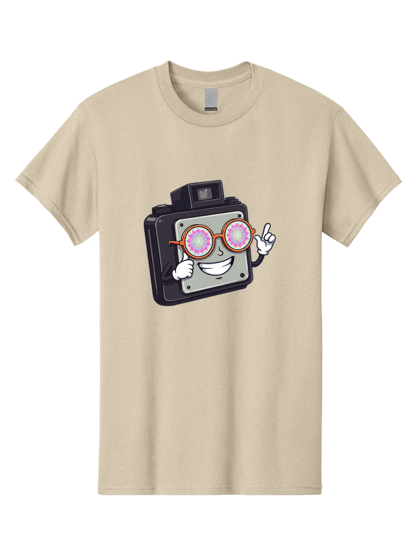 Instant-Camera-Character Men'S Graphic Tee, 100% Cotton, Comfortable Casual Summer Wear, Machine Washable, Cartoon Camera, Sunglasses, Pink Lenses, Funny Character, Playful Vibe, Happy Expression, Creative Illustration, Fun Photography Bae470
