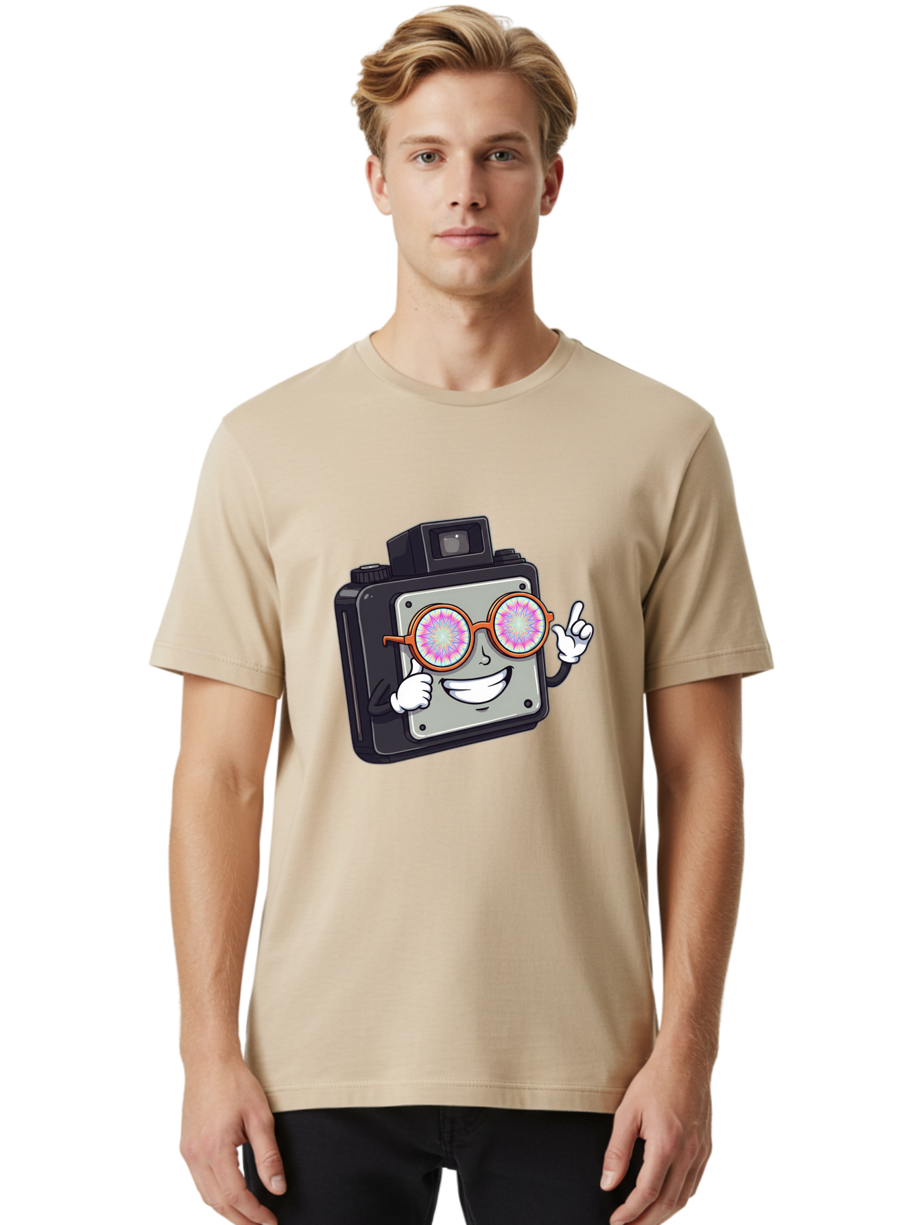 Instant-Camera-Character Men'S Graphic Tee, 100% Cotton, Comfortable Casual Summer Wear, Machine Washable, Cartoon Camera, Sunglasses, Pink Lenses, Funny Character, Playful Vibe, Happy Expression, Creative Illustration, Fun Photography Bae470