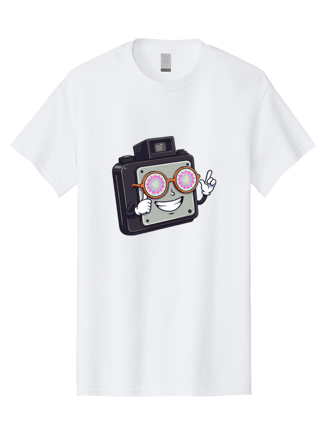 Instant-Camera-Character Men'S Graphic Tee, 100% Cotton, Comfortable Casual Summer Wear, Machine Washable, Cartoon Camera, Sunglasses, Pink Lenses, Funny Character, Playful Vibe, Happy Expression, Creative Illustration, Fun Photography Bae470
