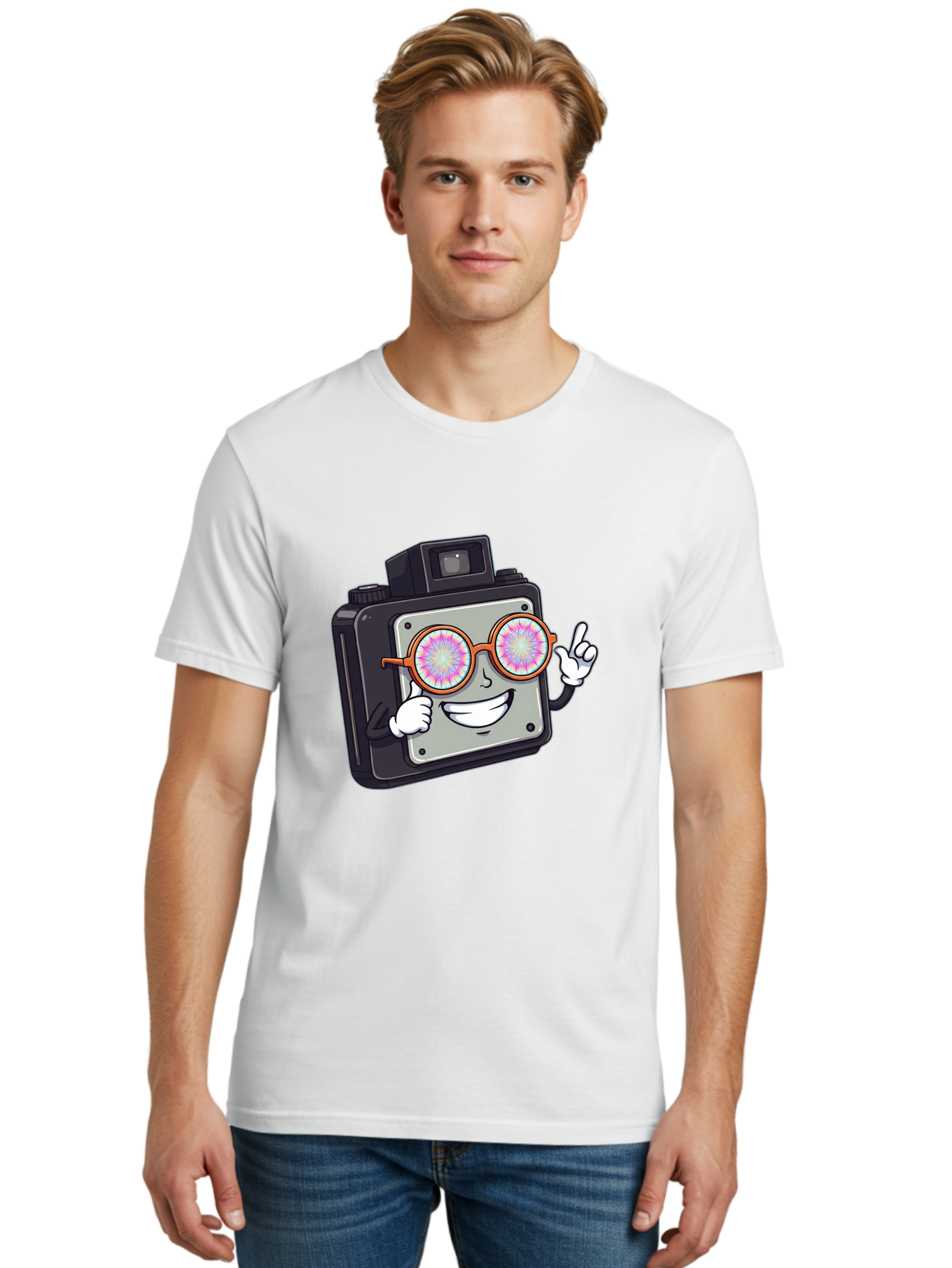 Instant-Camera-Character Men'S Graphic Tee, 100% Cotton, Comfortable Casual Summer Wear, Machine Washable, Cartoon Camera, Sunglasses, Pink Lenses, Funny Character, Playful Vibe, Happy Expression, Creative Illustration, Fun Photography Bae470