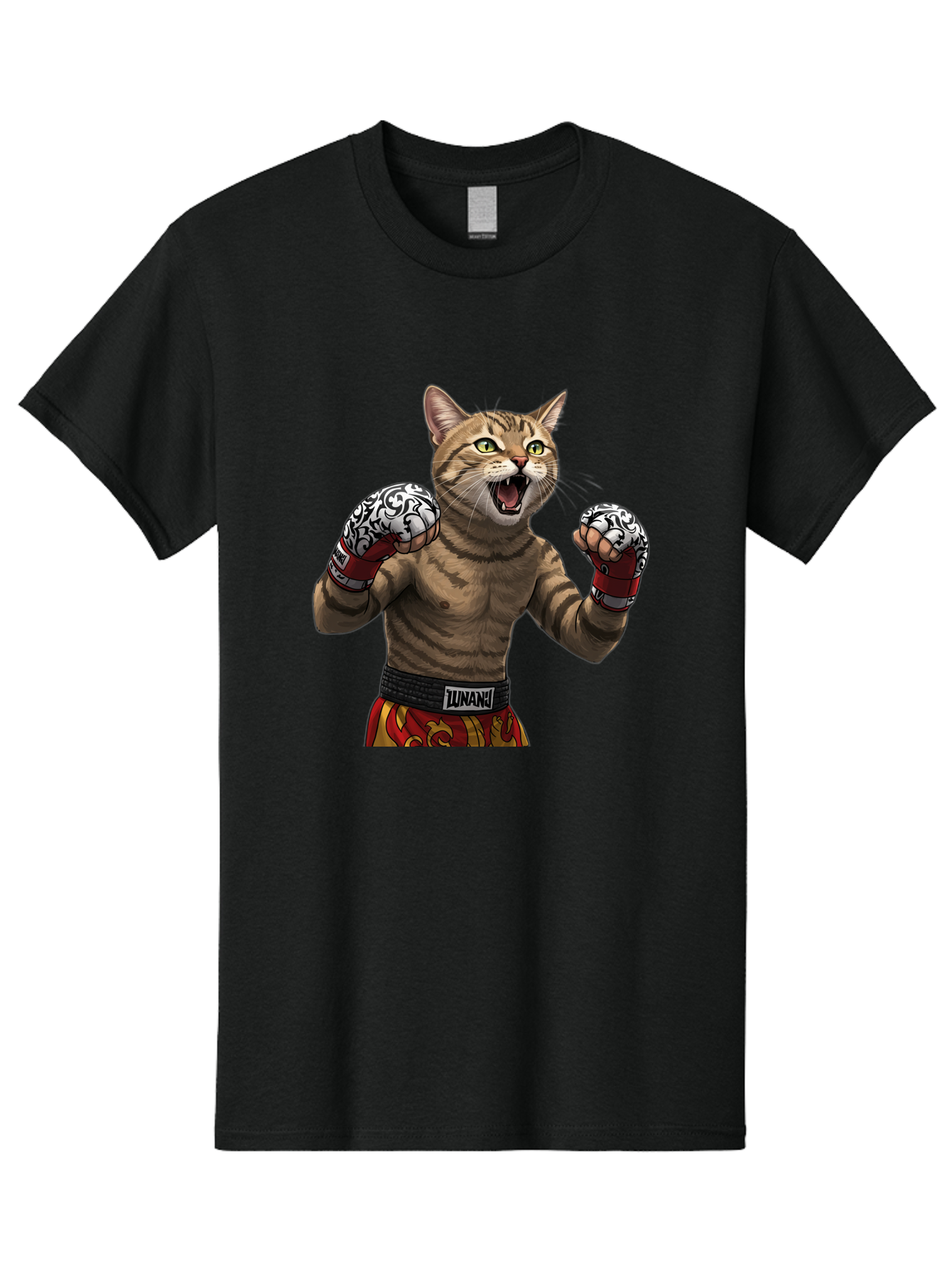 Inunaki Men'S Graphic Tee, 100% Cotton, Comfortable Casual Summer Wear, Machine Washable, Boxing Cat, Muscular Cat, Fighting Stance, Cat With Boxing Gloves, Cartoon Cat, Mixed Martial Arts, Feline Fighter, Lunari Branding, Bold Design, Bae471
