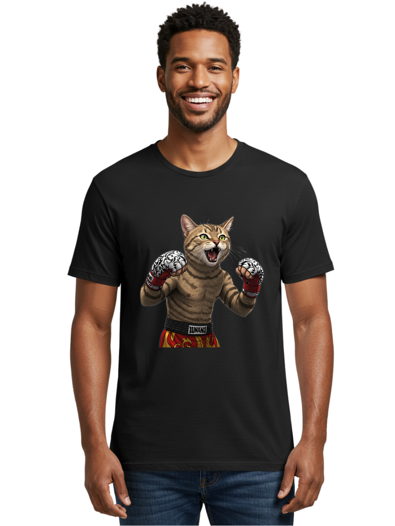 Inunaki Men'S Graphic Tee, 100% Cotton, Comfortable Casual Summer Wear, Machine Washable, Boxing Cat, Muscular Cat, Fighting Stance, Cat With Boxing Gloves, Cartoon Cat, Mixed Martial Arts, Feline Fighter, Lunari Branding, Bold Design, Bae471