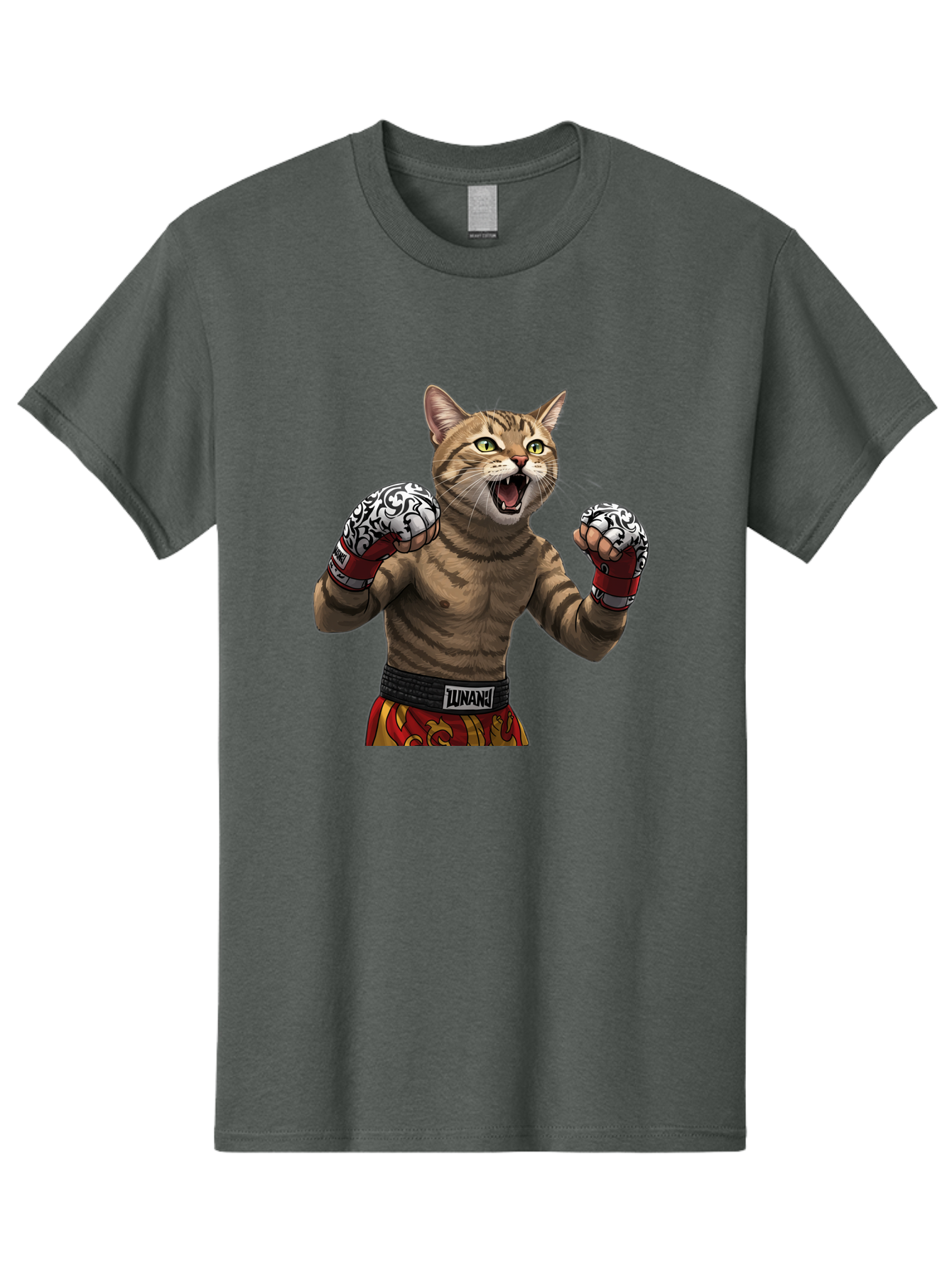 Inunaki Men'S Graphic Tee, 100% Cotton, Comfortable Casual Summer Wear, Machine Washable, Boxing Cat, Muscular Cat, Fighting Stance, Cat With Boxing Gloves, Cartoon Cat, Mixed Martial Arts, Feline Fighter, Lunari Branding, Bold Design, Bae471