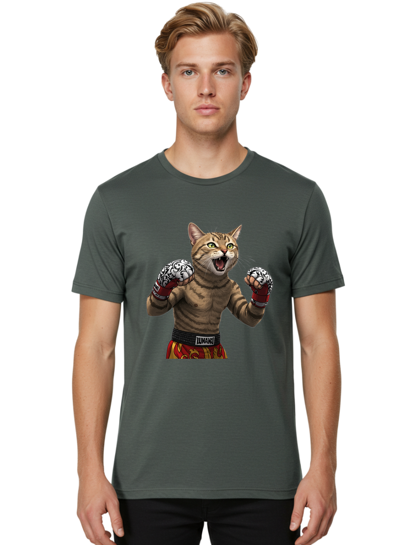 Inunaki Men'S Graphic Tee, 100% Cotton, Comfortable Casual Summer Wear, Machine Washable, Boxing Cat, Muscular Cat, Fighting Stance, Cat With Boxing Gloves, Cartoon Cat, Mixed Martial Arts, Feline Fighter, Lunari Branding, Bold Design, Bae471