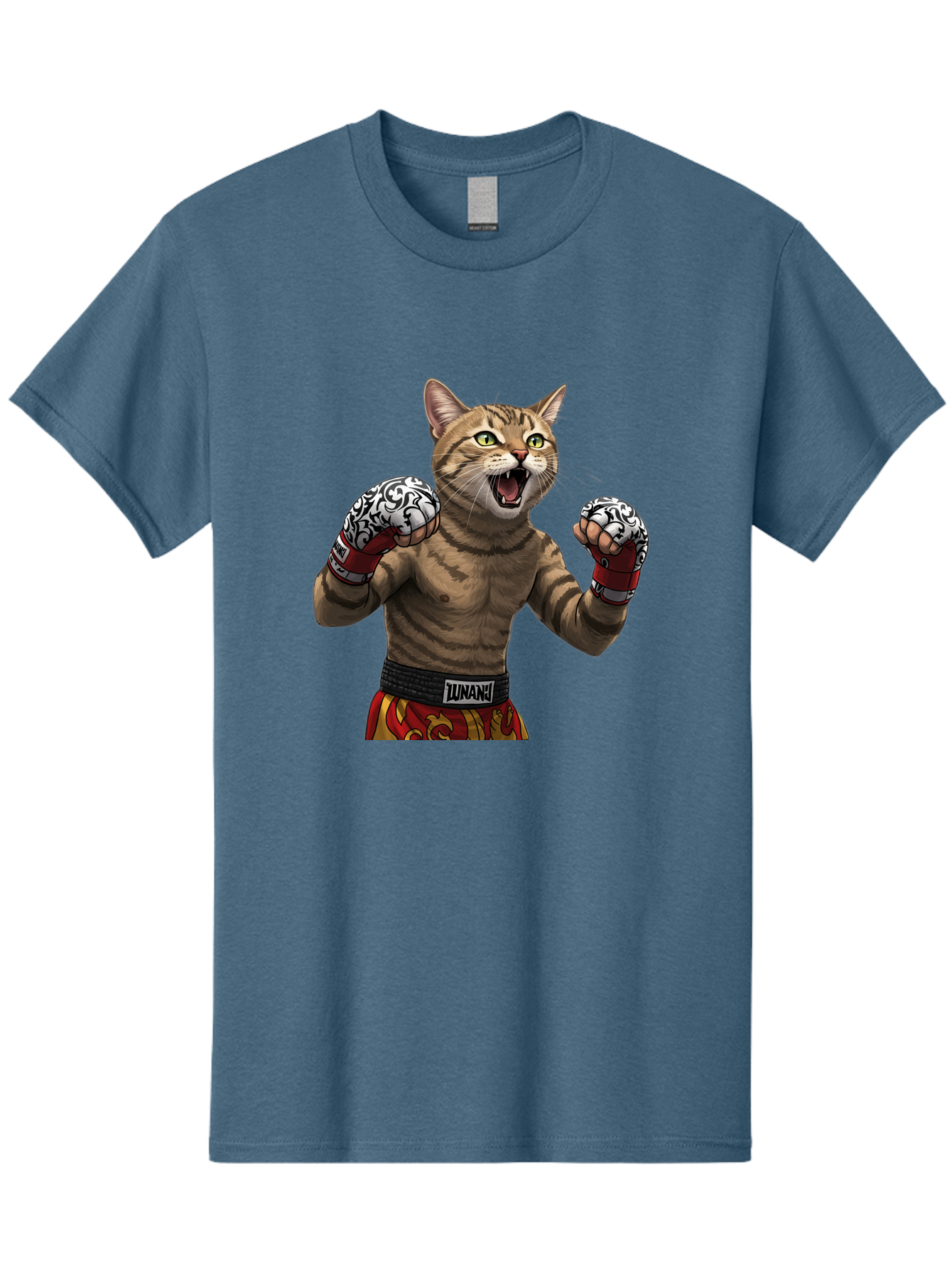 Inunaki Men'S Graphic Tee, 100% Cotton, Comfortable Casual Summer Wear, Machine Washable, Boxing Cat, Muscular Cat, Fighting Stance, Cat With Boxing Gloves, Cartoon Cat, Mixed Martial Arts, Feline Fighter, Lunari Branding, Bold Design, Bae471
