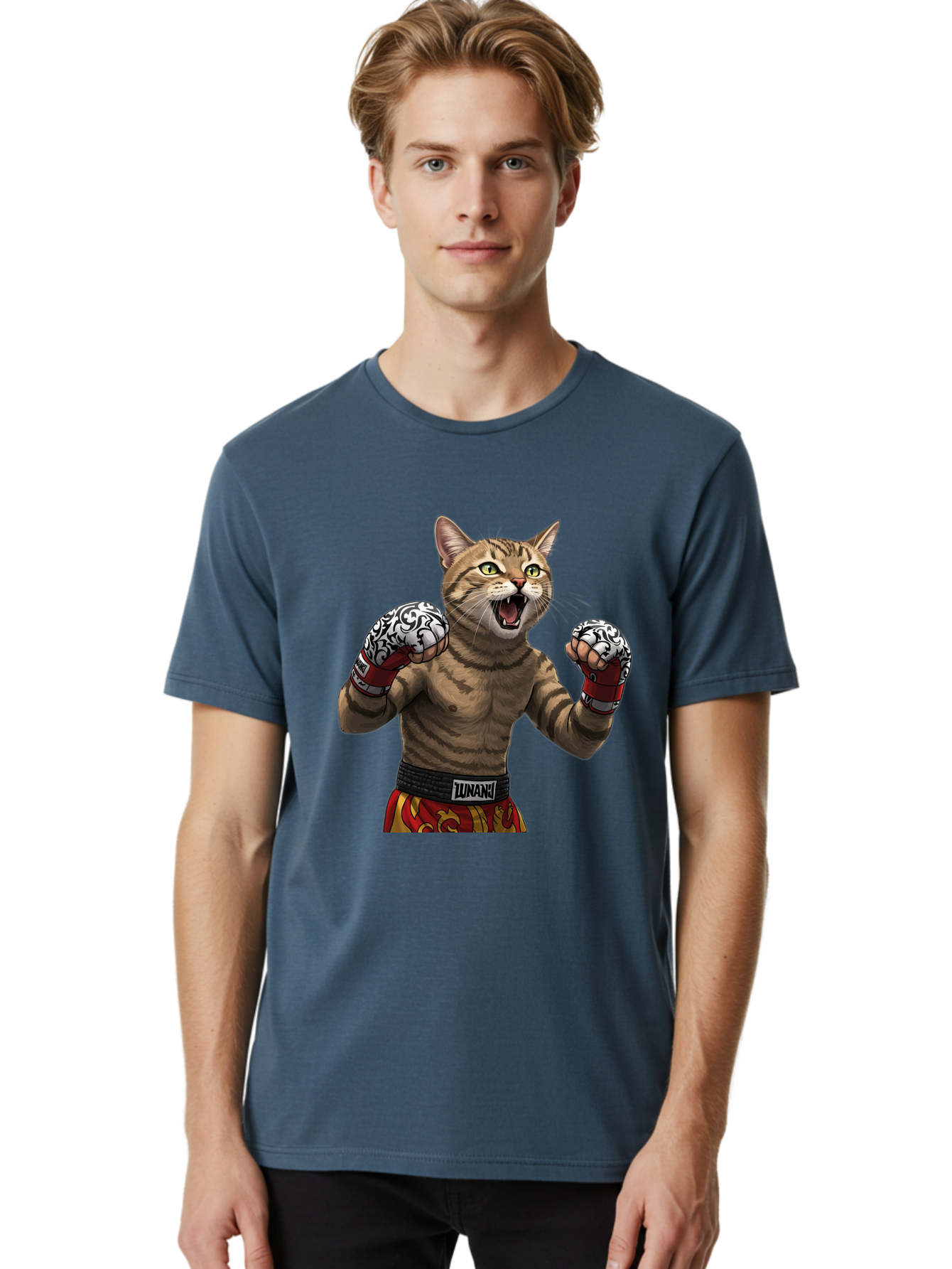 Inunaki Men'S Graphic Tee, 100% Cotton, Comfortable Casual Summer Wear, Machine Washable, Boxing Cat, Muscular Cat, Fighting Stance, Cat With Boxing Gloves, Cartoon Cat, Mixed Martial Arts, Feline Fighter, Lunari Branding, Bold Design, Bae471