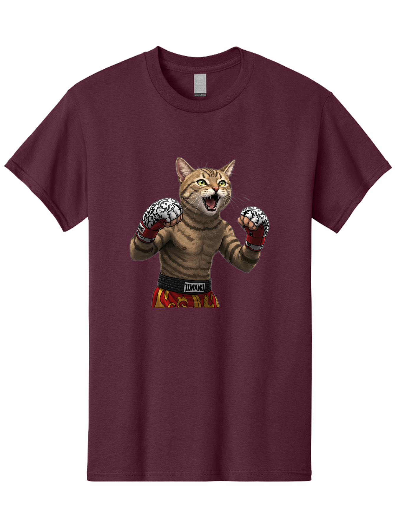 Inunaki Men'S Graphic Tee, 100% Cotton, Comfortable Casual Summer Wear, Machine Washable, Boxing Cat, Muscular Cat, Fighting Stance, Cat With Boxing Gloves, Cartoon Cat, Mixed Martial Arts, Feline Fighter, Lunari Branding, Bold Design, Bae471