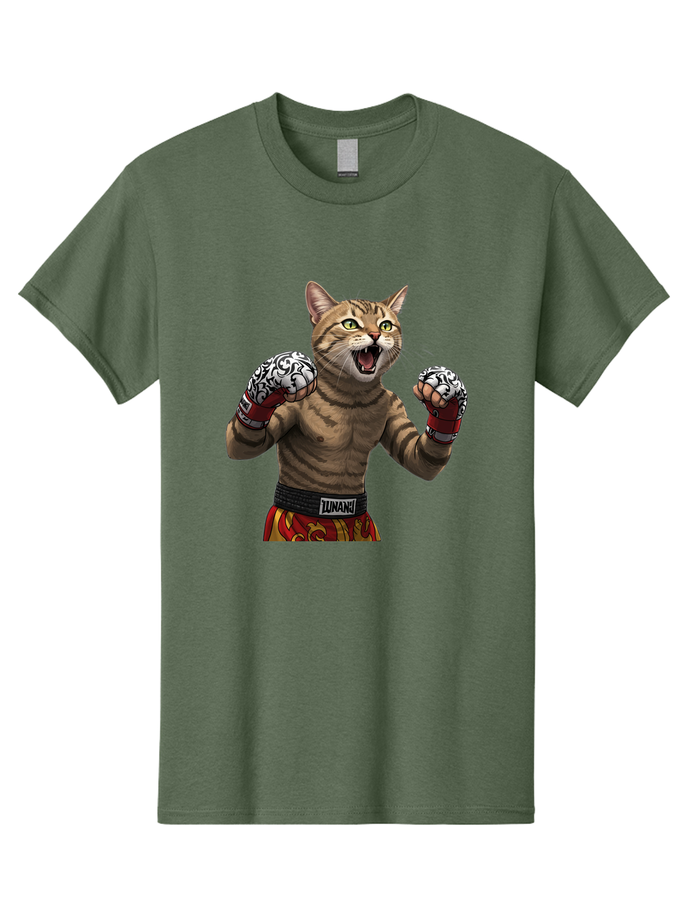 Inunaki Men'S Graphic Tee, 100% Cotton, Comfortable Casual Summer Wear, Machine Washable, Boxing Cat, Muscular Cat, Fighting Stance, Cat With Boxing Gloves, Cartoon Cat, Mixed Martial Arts, Feline Fighter, Lunari Branding, Bold Design, Bae471