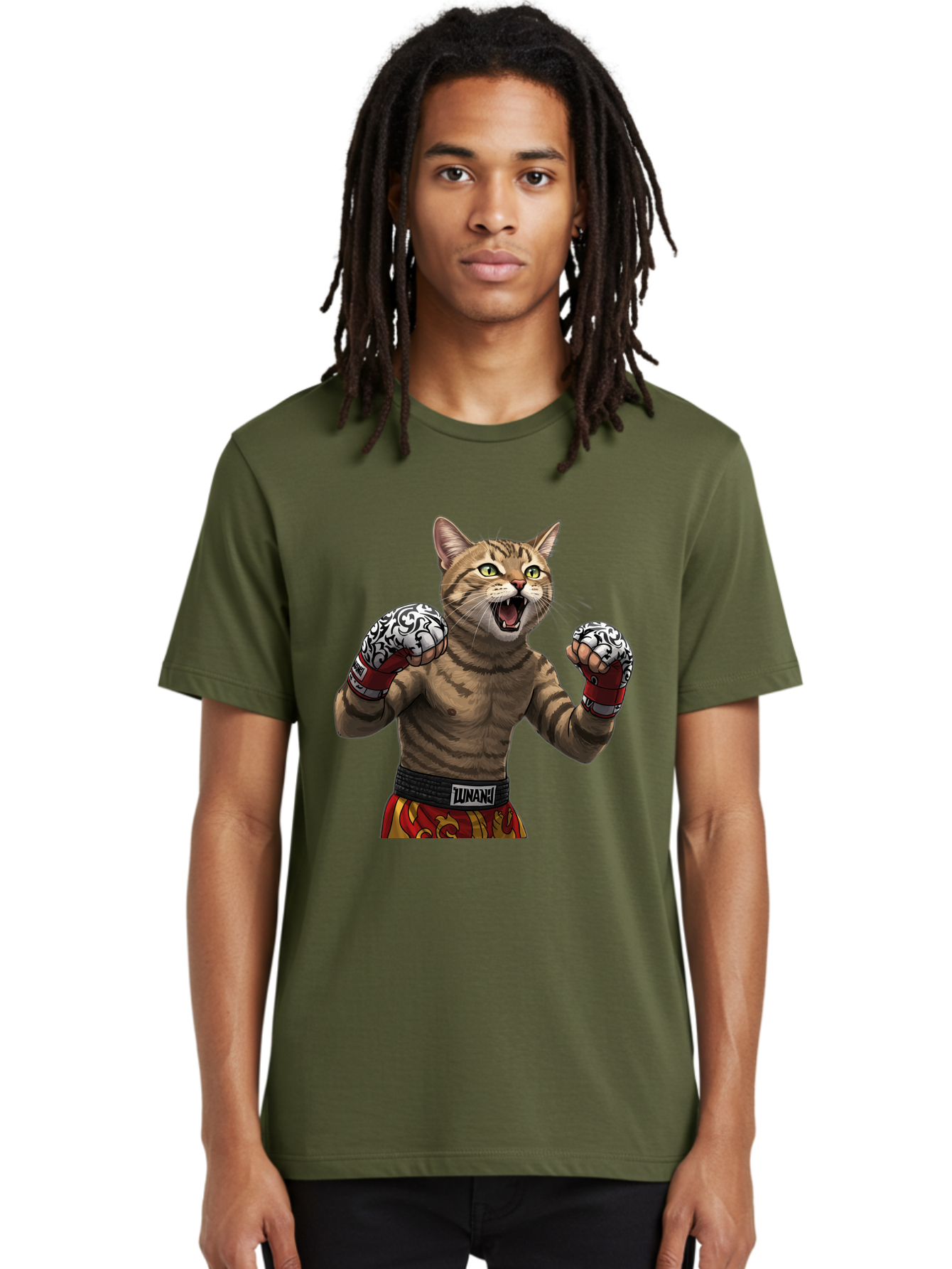 Inunaki Men'S Graphic Tee, 100% Cotton, Comfortable Casual Summer Wear, Machine Washable, Boxing Cat, Muscular Cat, Fighting Stance, Cat With Boxing Gloves, Cartoon Cat, Mixed Martial Arts, Feline Fighter, Lunari Branding, Bold Design, Bae471