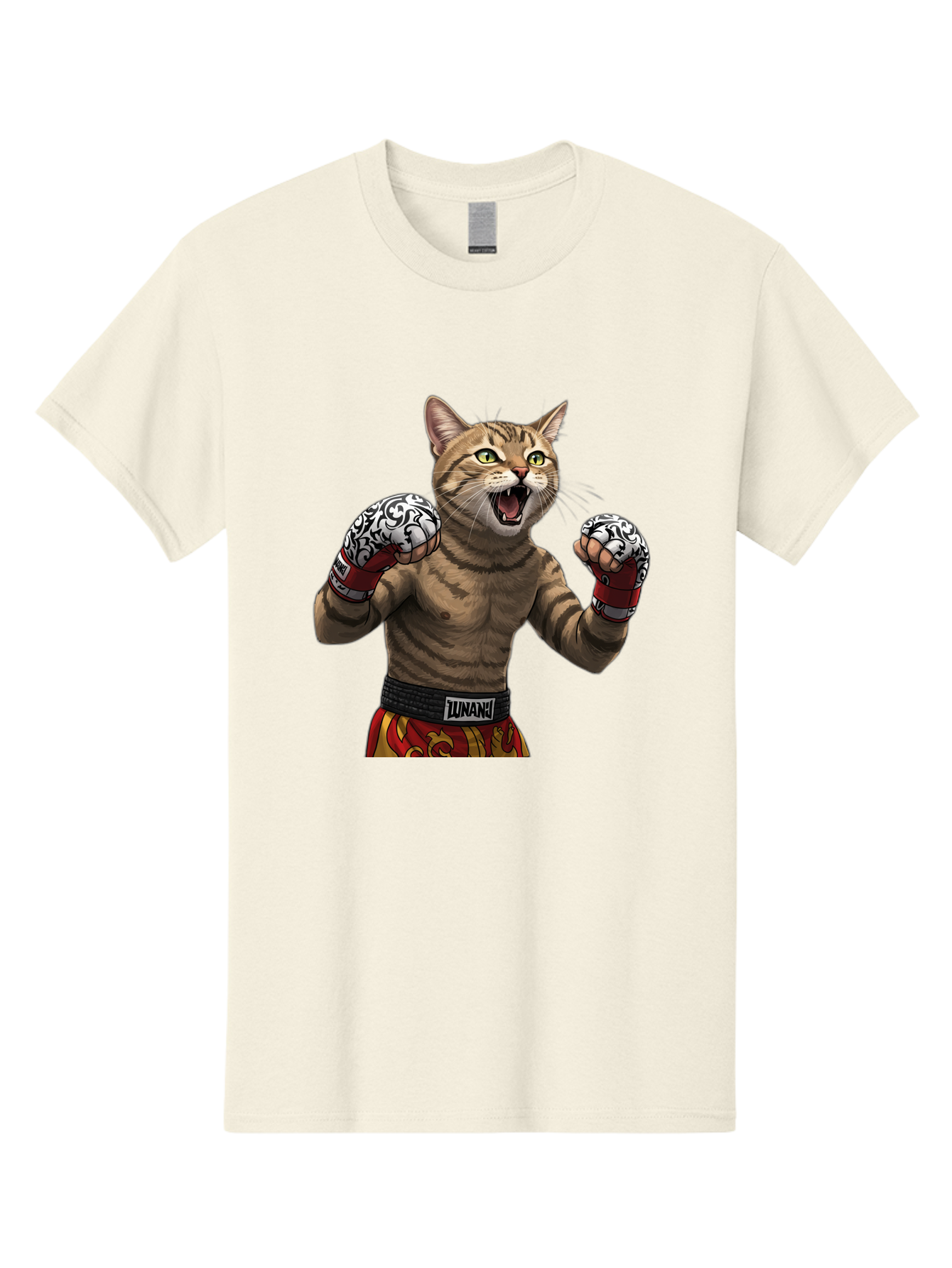 Inunaki Men'S Graphic Tee, 100% Cotton, Comfortable Casual Summer Wear, Machine Washable, Boxing Cat, Muscular Cat, Fighting Stance, Cat With Boxing Gloves, Cartoon Cat, Mixed Martial Arts, Feline Fighter, Lunari Branding, Bold Design, Bae471
