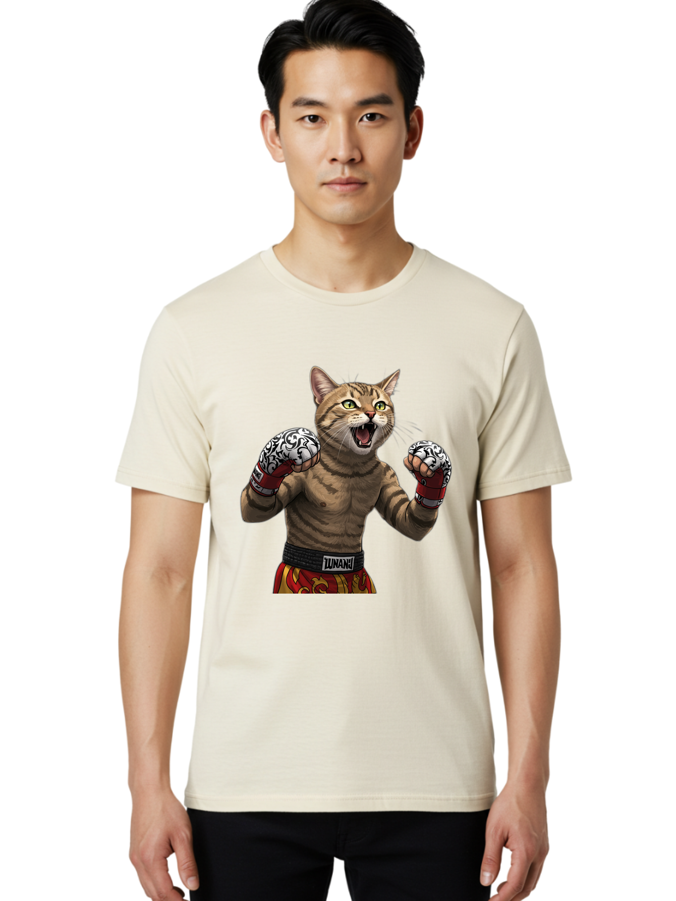 Inunaki Men'S Graphic Tee, 100% Cotton, Comfortable Casual Summer Wear, Machine Washable, Boxing Cat, Muscular Cat, Fighting Stance, Cat With Boxing Gloves, Cartoon Cat, Mixed Martial Arts, Feline Fighter, Lunari Branding, Bold Design, Bae471