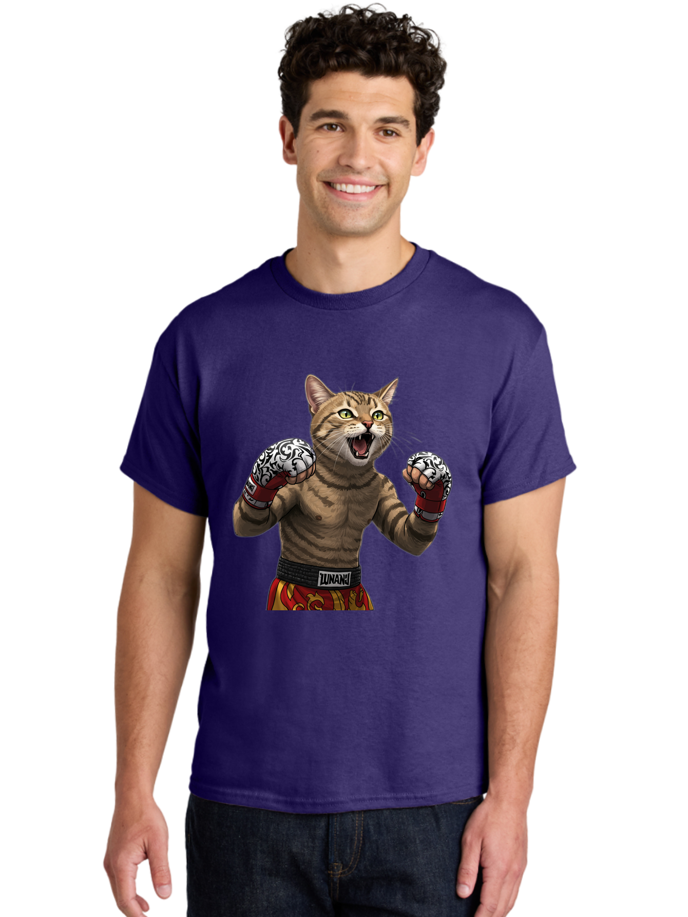 Inunaki Men'S Graphic Tee, 100% Cotton, Comfortable Casual Summer Wear, Machine Washable, Boxing Cat, Muscular Cat, Fighting Stance, Cat With Boxing Gloves, Cartoon Cat, Mixed Martial Arts, Feline Fighter, Lunari Branding, Bold Design, Bae471