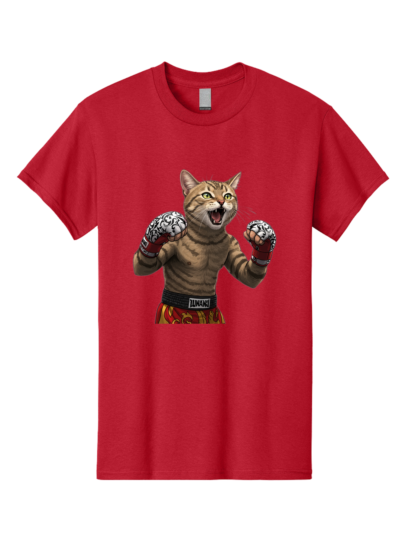 Inunaki Men'S Graphic Tee, 100% Cotton, Comfortable Casual Summer Wear, Machine Washable, Boxing Cat, Muscular Cat, Fighting Stance, Cat With Boxing Gloves, Cartoon Cat, Mixed Martial Arts, Feline Fighter, Lunari Branding, Bold Design, Bae471