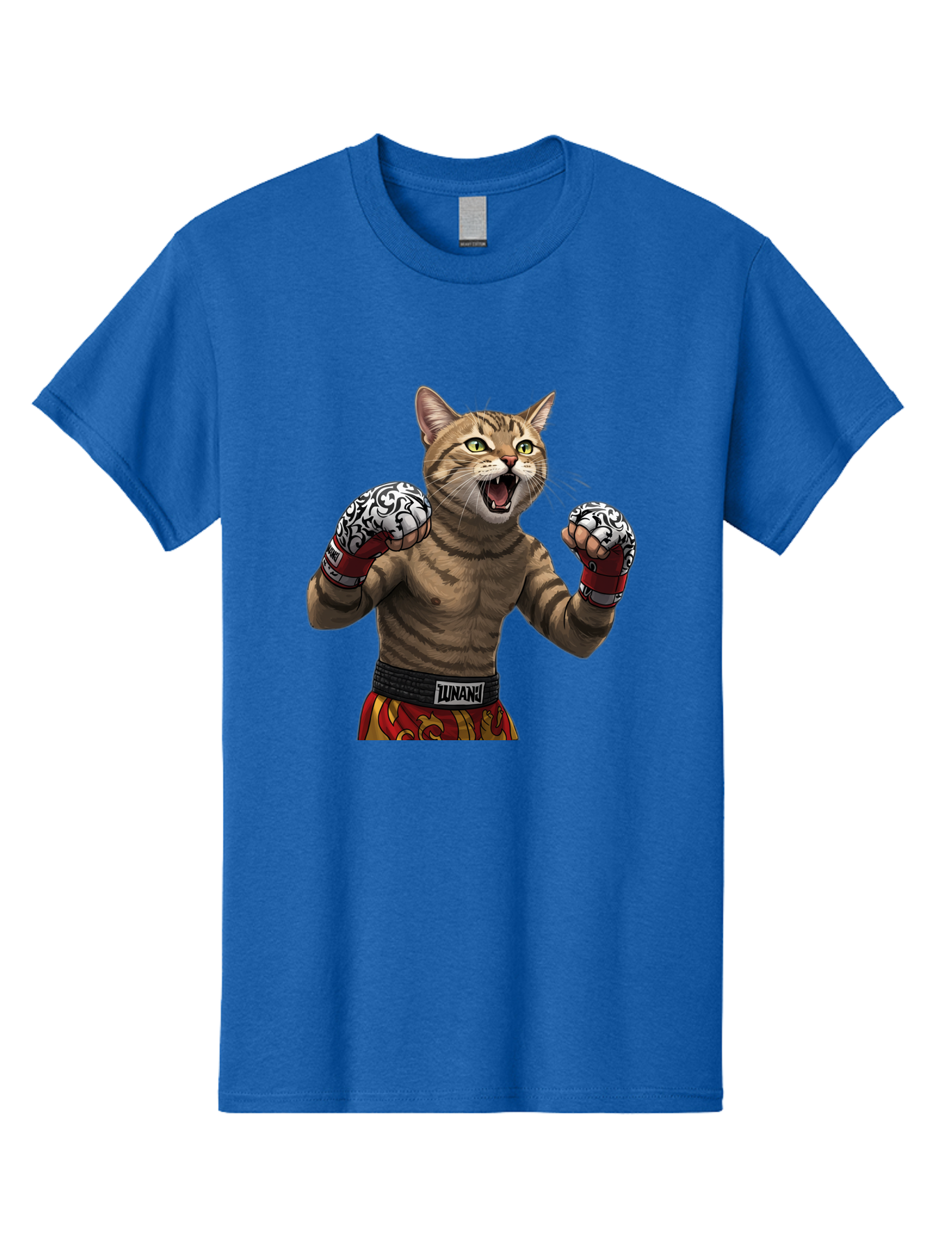 Inunaki Men'S Graphic Tee, 100% Cotton, Comfortable Casual Summer Wear, Machine Washable, Boxing Cat, Muscular Cat, Fighting Stance, Cat With Boxing Gloves, Cartoon Cat, Mixed Martial Arts, Feline Fighter, Lunari Branding, Bold Design, Bae471