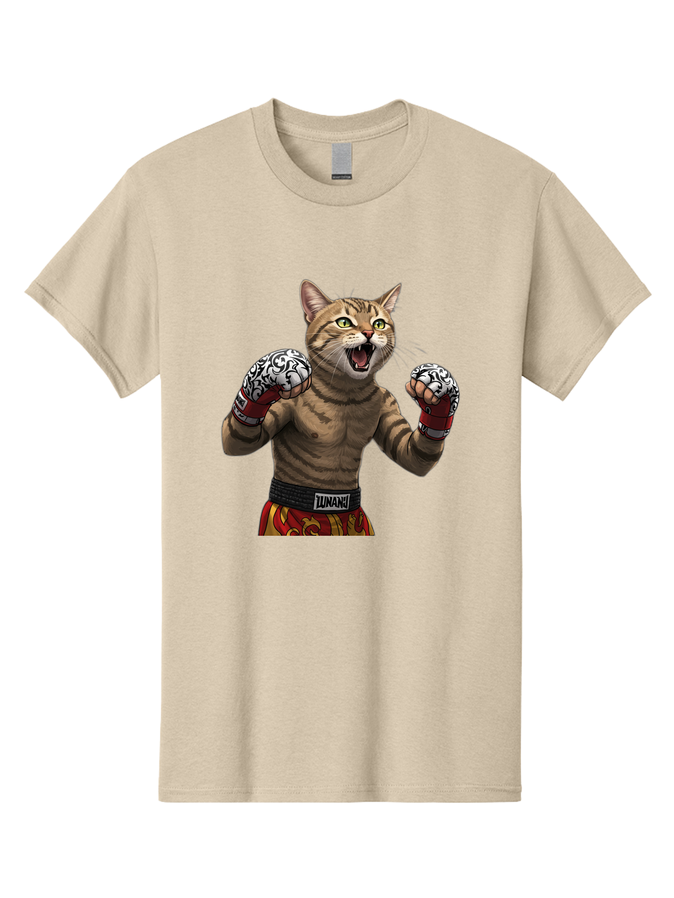 Inunaki Men'S Graphic Tee, 100% Cotton, Comfortable Casual Summer Wear, Machine Washable, Boxing Cat, Muscular Cat, Fighting Stance, Cat With Boxing Gloves, Cartoon Cat, Mixed Martial Arts, Feline Fighter, Lunari Branding, Bold Design, Bae471