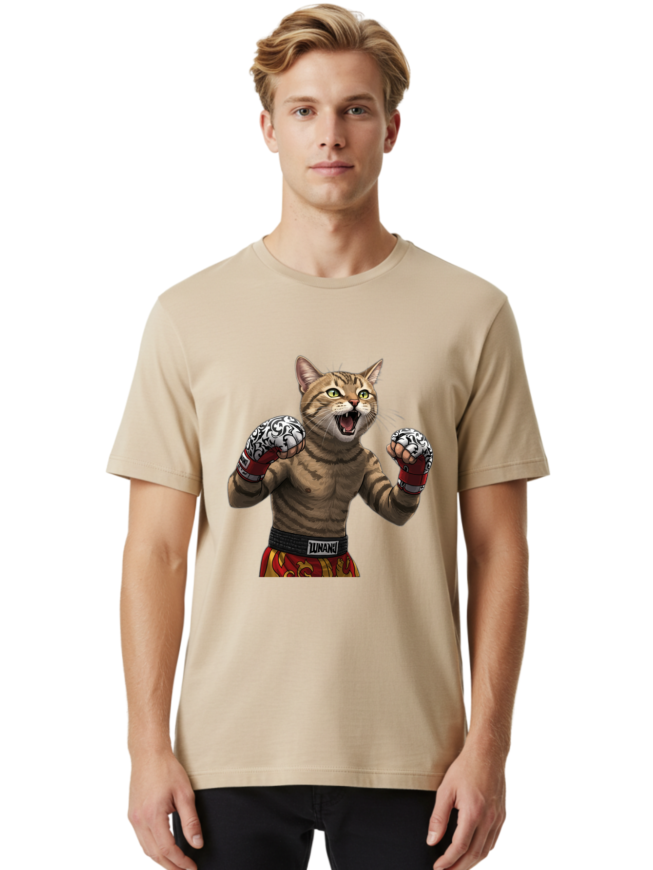 Inunaki Men'S Graphic Tee, 100% Cotton, Comfortable Casual Summer Wear, Machine Washable, Boxing Cat, Muscular Cat, Fighting Stance, Cat With Boxing Gloves, Cartoon Cat, Mixed Martial Arts, Feline Fighter, Lunari Branding, Bold Design, Bae471
