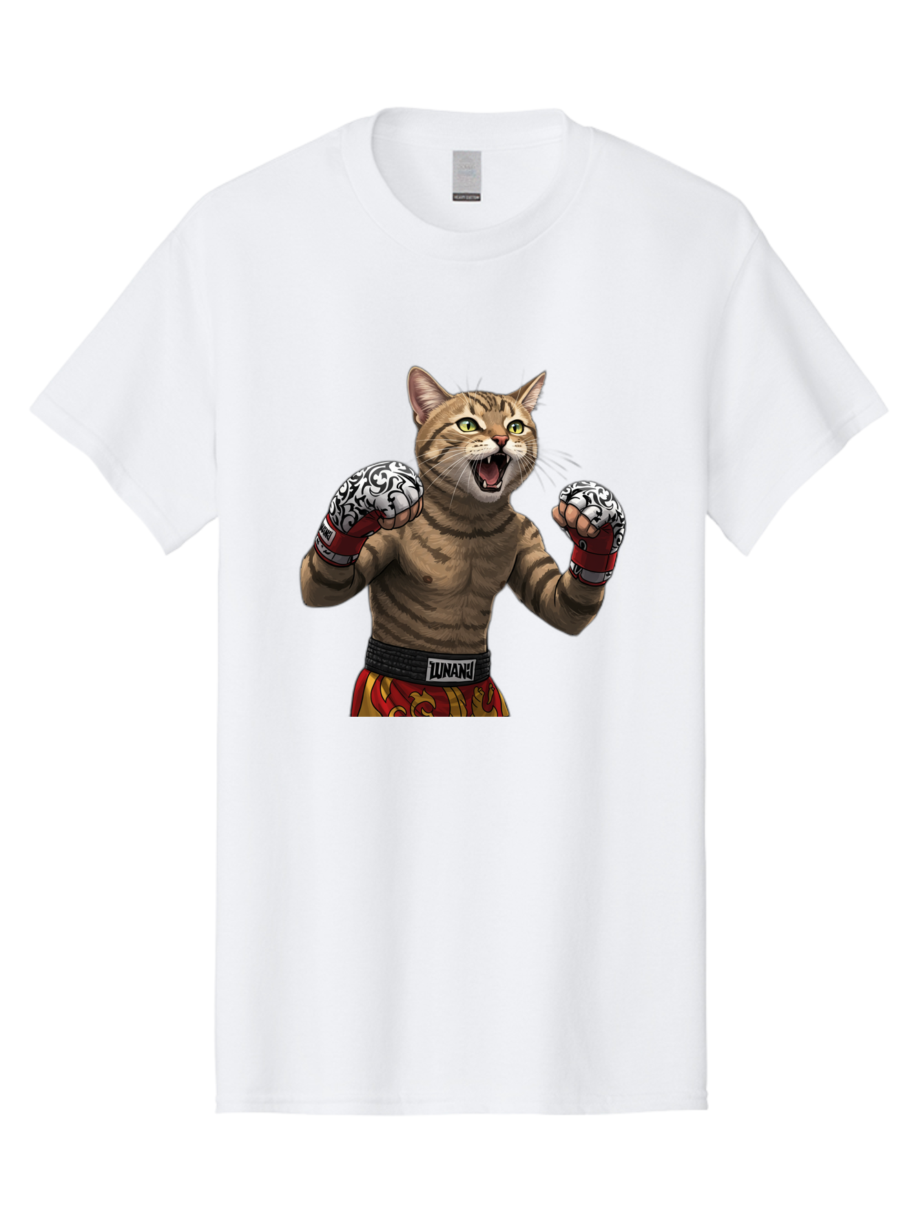 Inunaki Men'S Graphic Tee, 100% Cotton, Comfortable Casual Summer Wear, Machine Washable, Boxing Cat, Muscular Cat, Fighting Stance, Cat With Boxing Gloves, Cartoon Cat, Mixed Martial Arts, Feline Fighter, Lunari Branding, Bold Design, Bae471