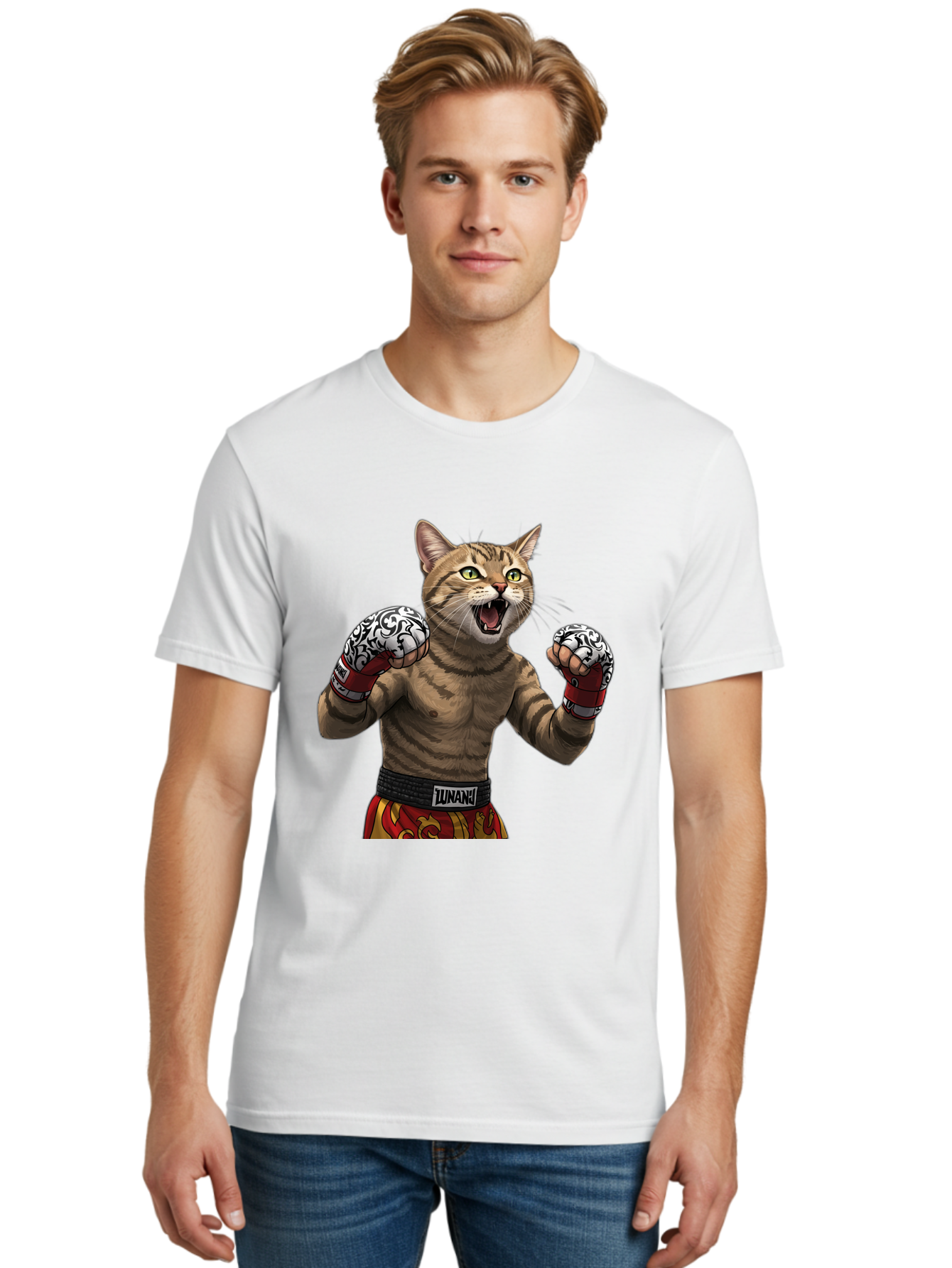 Inunaki Men'S Graphic Tee, 100% Cotton, Comfortable Casual Summer Wear, Machine Washable, Boxing Cat, Muscular Cat, Fighting Stance, Cat With Boxing Gloves, Cartoon Cat, Mixed Martial Arts, Feline Fighter, Lunari Branding, Bold Design, Bae471