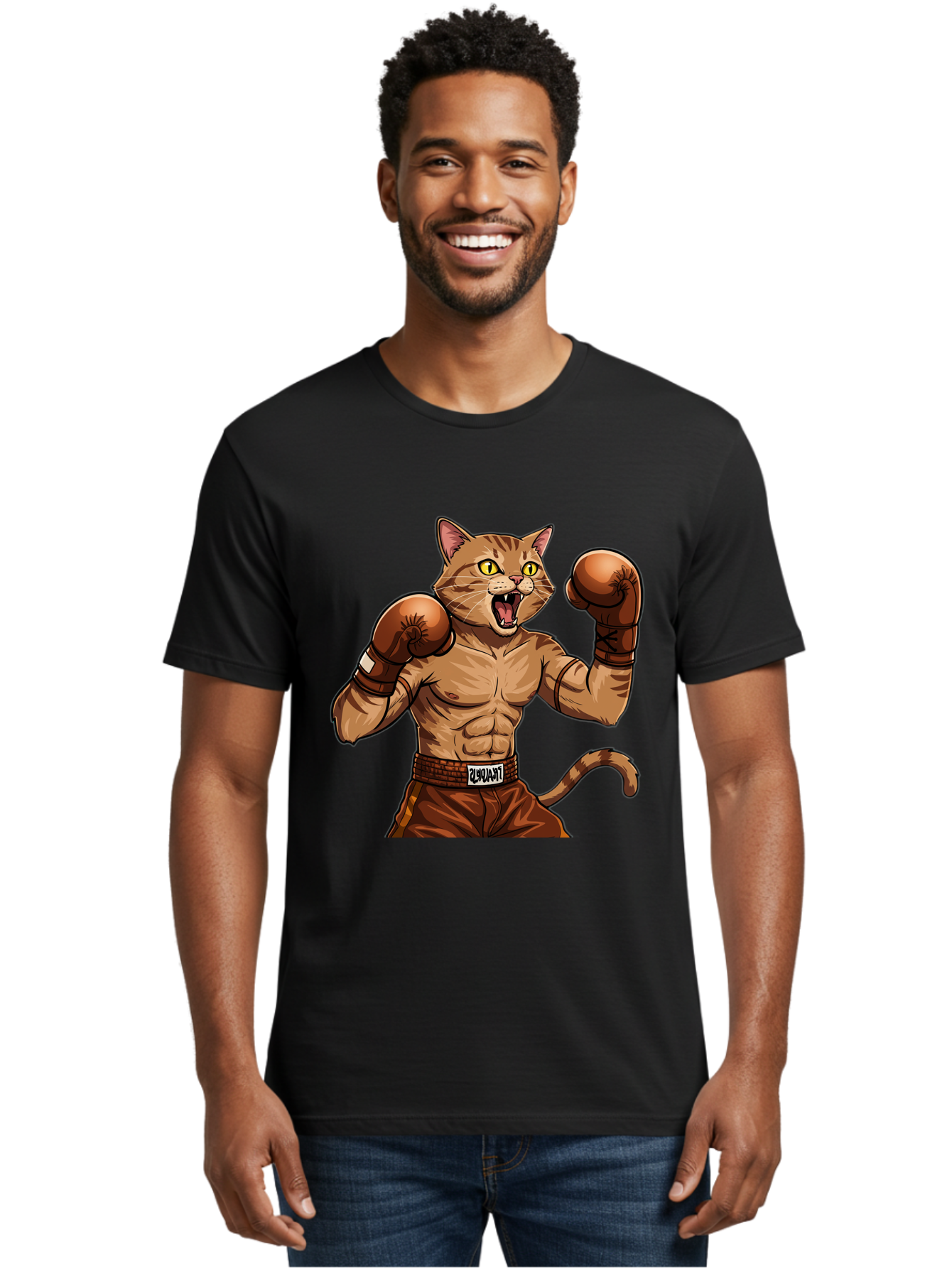 Itnumba Men'S Graphic Tee, 100% Cotton, Comfortable Casual Summer Wear, Machine Washable, Boxing Cat, Cartoon Character, Muscular Feline, Boxing Gloves, Fitness Motivation, Fun Illustration, Tabby Cat, Humorous Design, Anthropomorphic Cat Bae472