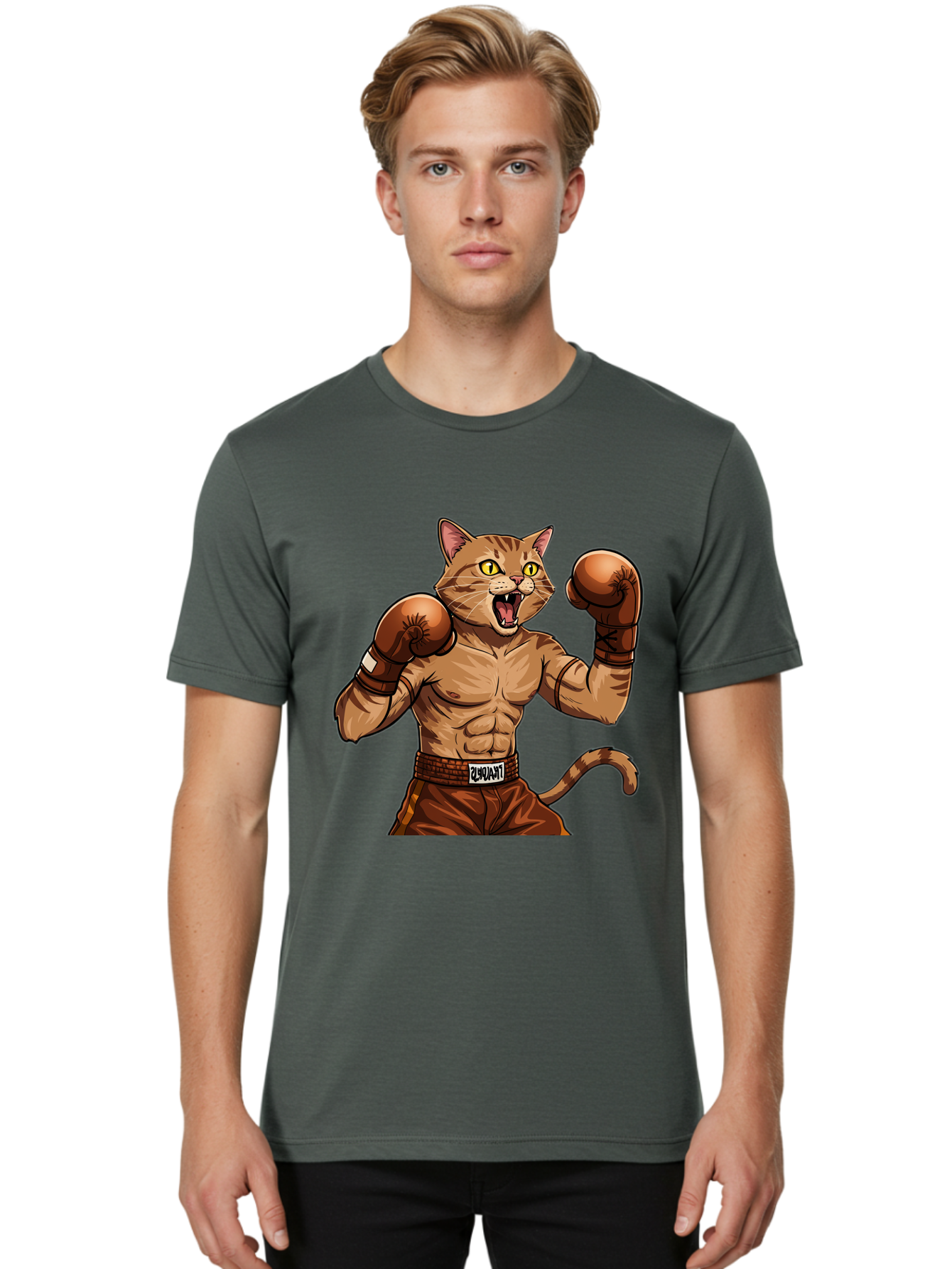 Itnumba Men'S Graphic Tee, 100% Cotton, Comfortable Casual Summer Wear, Machine Washable, Boxing Cat, Cartoon Character, Muscular Feline, Boxing Gloves, Fitness Motivation, Fun Illustration, Tabby Cat, Humorous Design, Anthropomorphic Cat Bae472