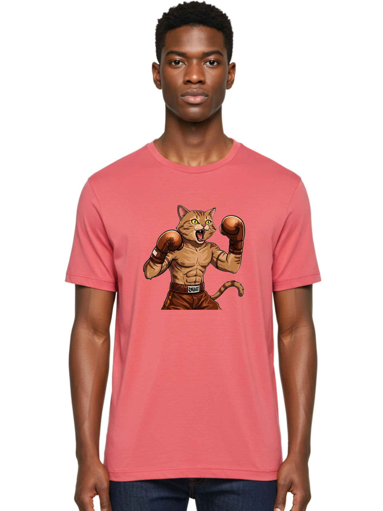 Itnumba Men'S Graphic Tee, 100% Cotton, Comfortable Casual Summer Wear, Machine Washable, Boxing Cat, Cartoon Character, Muscular Feline, Boxing Gloves, Fitness Motivation, Fun Illustration, Tabby Cat, Humorous Design, Anthropomorphic Cat Bae472