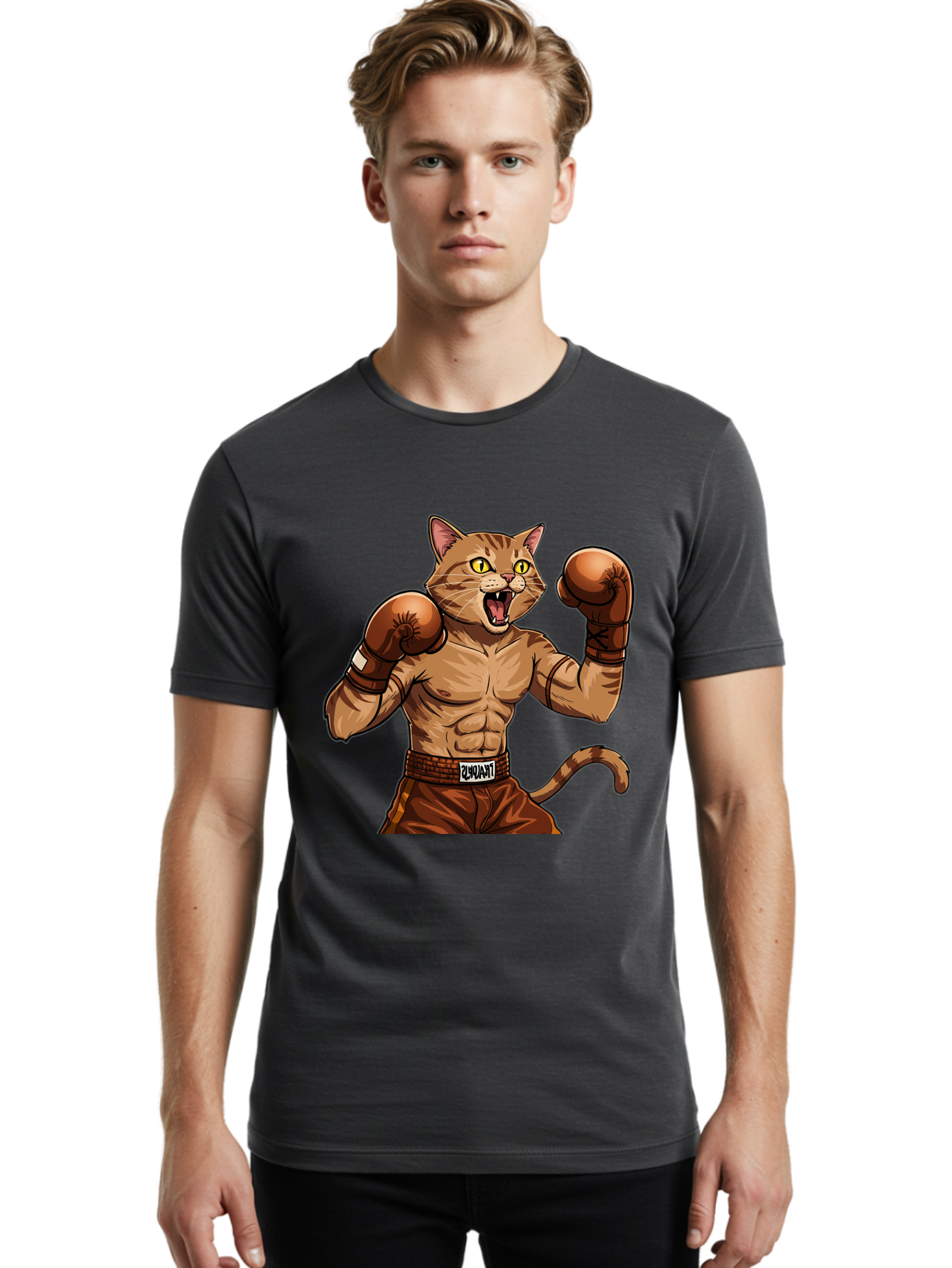 Itnumba Men'S Graphic Tee, 100% Cotton, Comfortable Casual Summer Wear, Machine Washable, Boxing Cat, Cartoon Character, Muscular Feline, Boxing Gloves, Fitness Motivation, Fun Illustration, Tabby Cat, Humorous Design, Anthropomorphic Cat Bae472