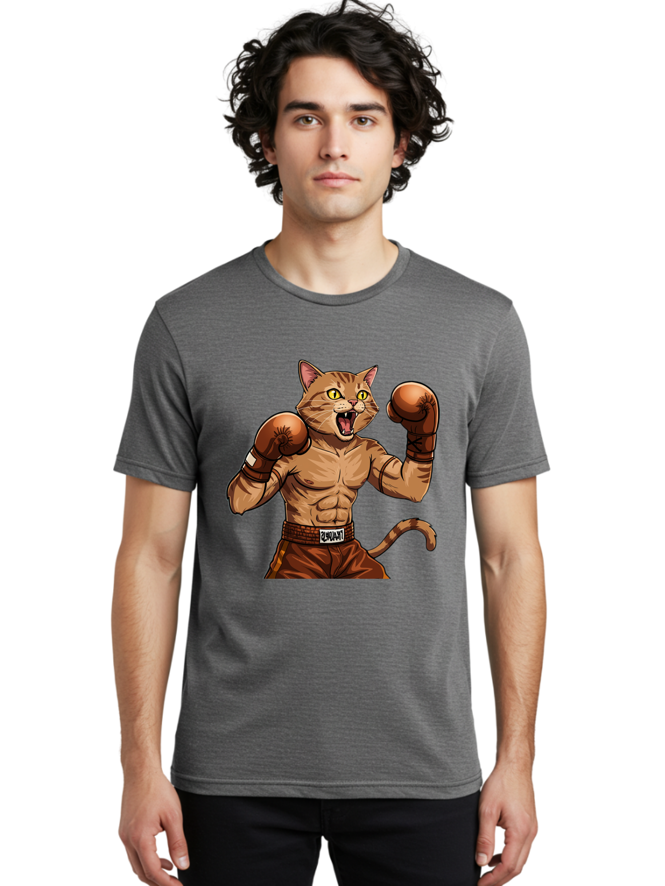 Itnumba Men'S Graphic Tee, 100% Cotton, Comfortable Casual Summer Wear, Machine Washable, Boxing Cat, Cartoon Character, Muscular Feline, Boxing Gloves, Fitness Motivation, Fun Illustration, Tabby Cat, Humorous Design, Anthropomorphic Cat Bae472