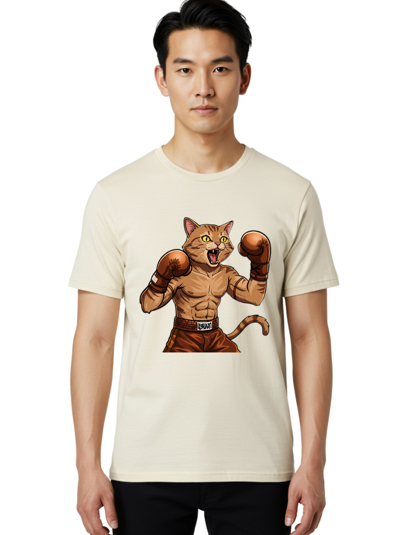 Itnumba Men'S Graphic Tee, 100% Cotton, Comfortable Casual Summer Wear, Machine Washable, Boxing Cat, Cartoon Character, Muscular Feline, Boxing Gloves, Fitness Motivation, Fun Illustration, Tabby Cat, Humorous Design, Anthropomorphic Cat Bae472