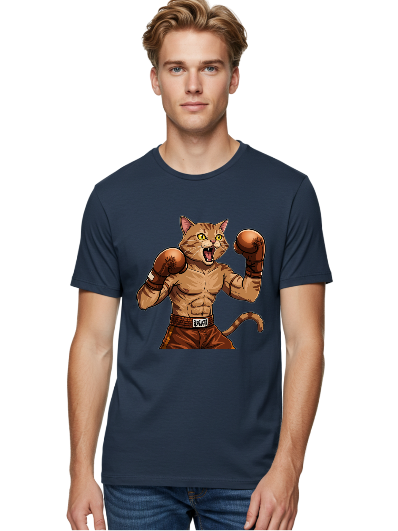 Itnumba Men'S Graphic Tee, 100% Cotton, Comfortable Casual Summer Wear, Machine Washable, Boxing Cat, Cartoon Character, Muscular Feline, Boxing Gloves, Fitness Motivation, Fun Illustration, Tabby Cat, Humorous Design, Anthropomorphic Cat Bae472