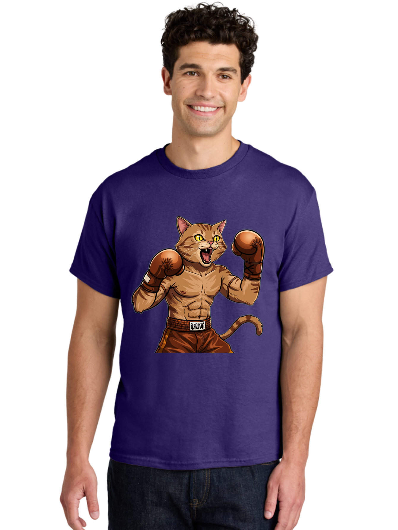 Itnumba Men'S Graphic Tee, 100% Cotton, Comfortable Casual Summer Wear, Machine Washable, Boxing Cat, Cartoon Character, Muscular Feline, Boxing Gloves, Fitness Motivation, Fun Illustration, Tabby Cat, Humorous Design, Anthropomorphic Cat Bae472