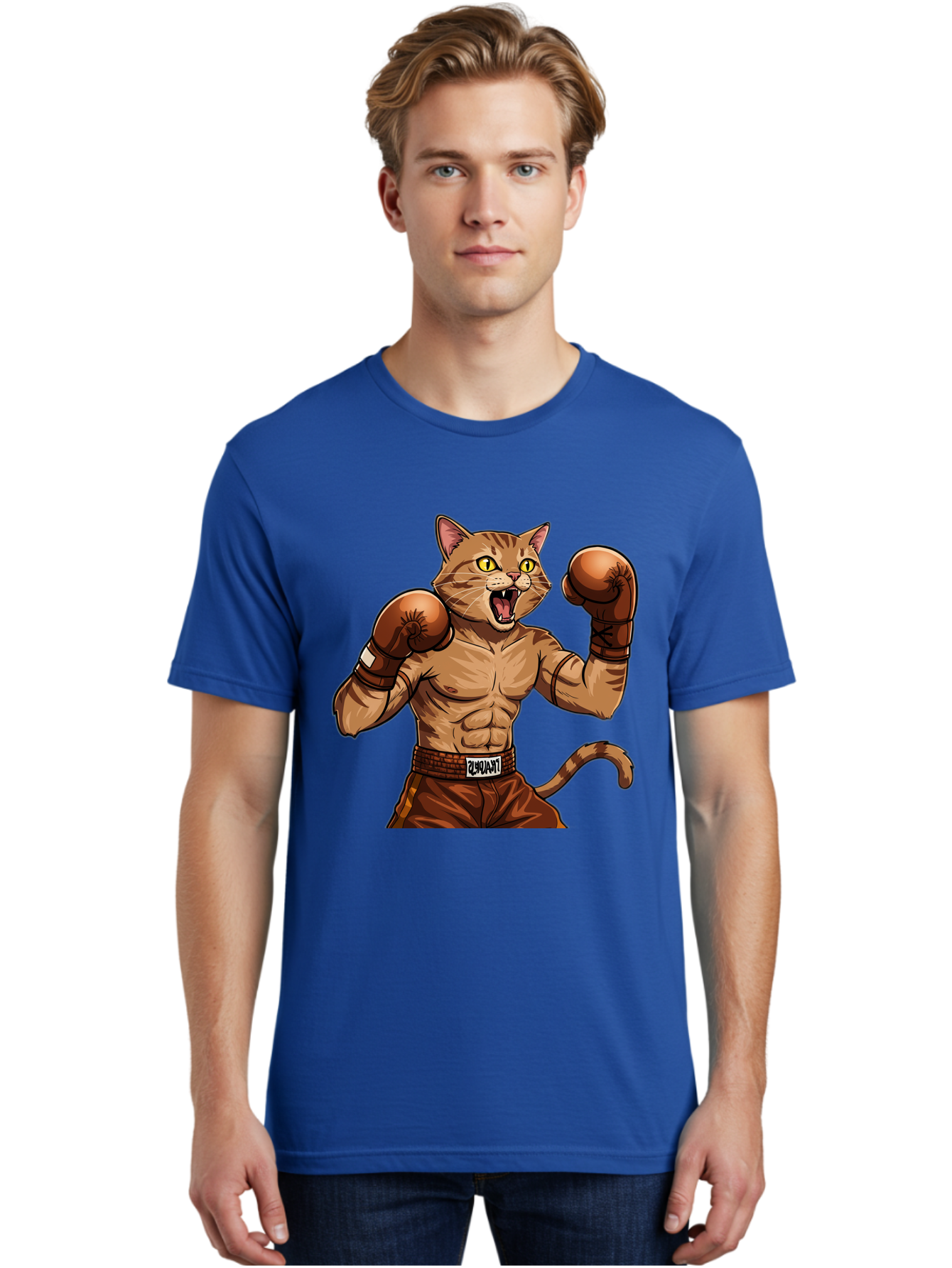 Itnumba Men'S Graphic Tee, 100% Cotton, Comfortable Casual Summer Wear, Machine Washable, Boxing Cat, Cartoon Character, Muscular Feline, Boxing Gloves, Fitness Motivation, Fun Illustration, Tabby Cat, Humorous Design, Anthropomorphic Cat Bae472