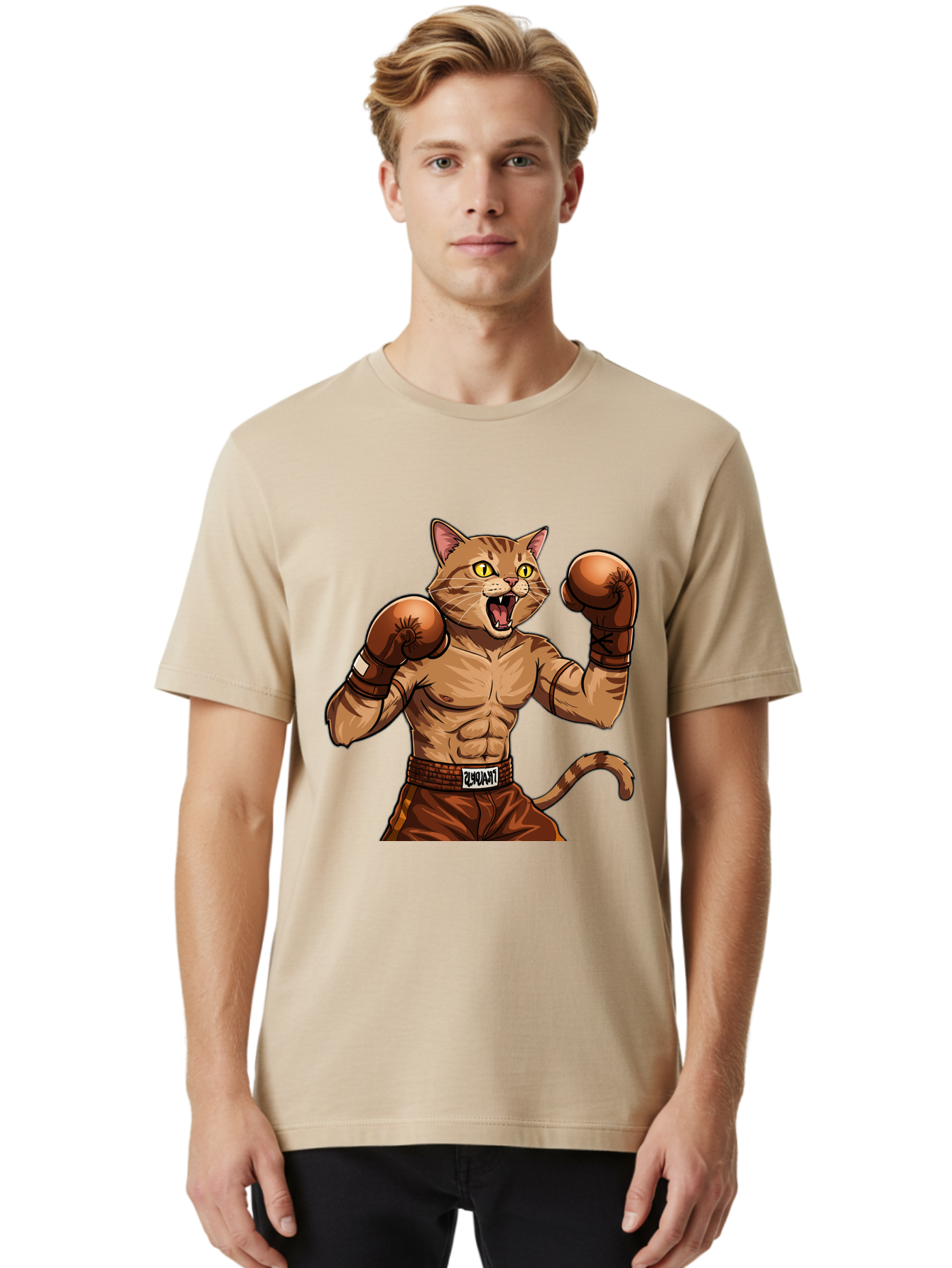 Itnumba Men'S Graphic Tee, 100% Cotton, Comfortable Casual Summer Wear, Machine Washable, Boxing Cat, Cartoon Character, Muscular Feline, Boxing Gloves, Fitness Motivation, Fun Illustration, Tabby Cat, Humorous Design, Anthropomorphic Cat Bae472