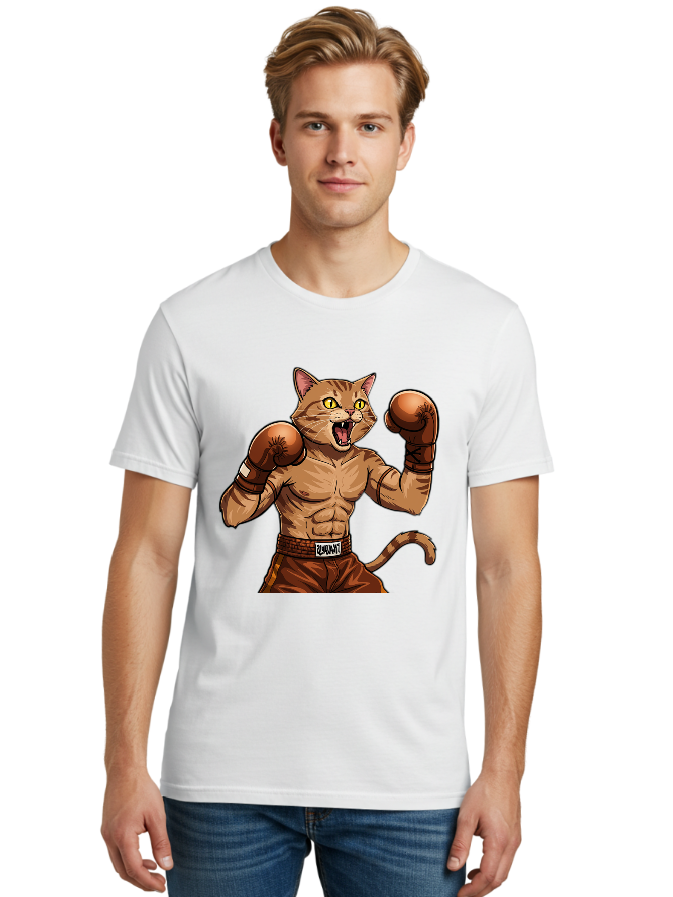 Itnumba Men'S Graphic Tee, 100% Cotton, Comfortable Casual Summer Wear, Machine Washable, Boxing Cat, Cartoon Character, Muscular Feline, Boxing Gloves, Fitness Motivation, Fun Illustration, Tabby Cat, Humorous Design, Anthropomorphic Cat Bae472
