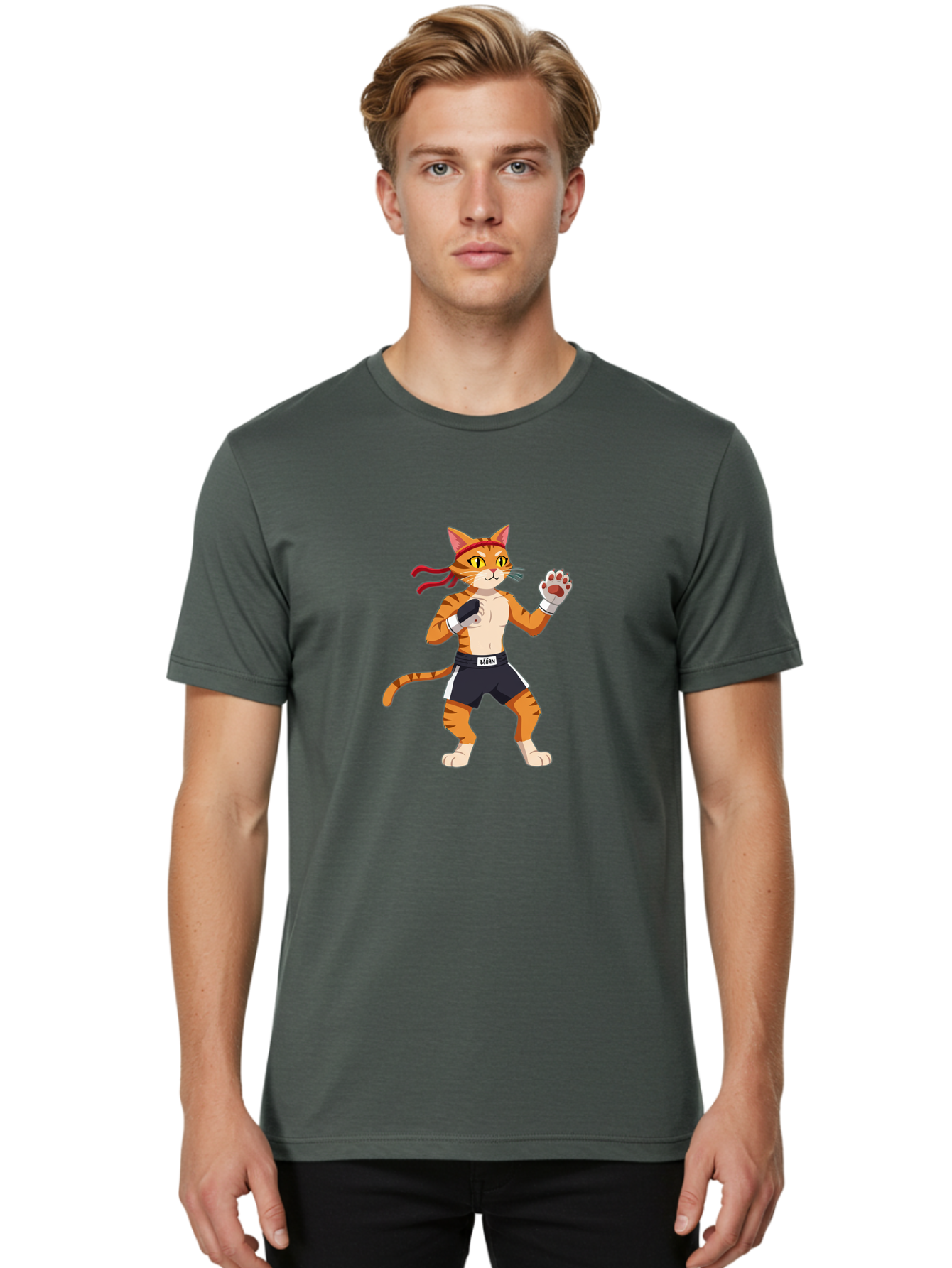 Katom Men'S Graphic Tee, 100% Cotton, Comfortable Casual Summer Wear, Machine Washable, Cartoon Cat Boxer, Orange Striped Cat, Boxing Gloves, Boxing Shorts, Martial Arts, Fighting Cat, Cartoon Character, Funny Animal, Boxing Pose, Bae477