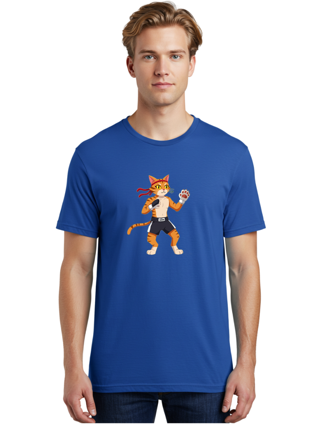 Katom Men'S Graphic Tee, 100% Cotton, Comfortable Casual Summer Wear, Machine Washable, Cartoon Cat Boxer, Orange Striped Cat, Boxing Gloves, Boxing Shorts, Martial Arts, Fighting Cat, Cartoon Character, Funny Animal, Boxing Pose, Bae477