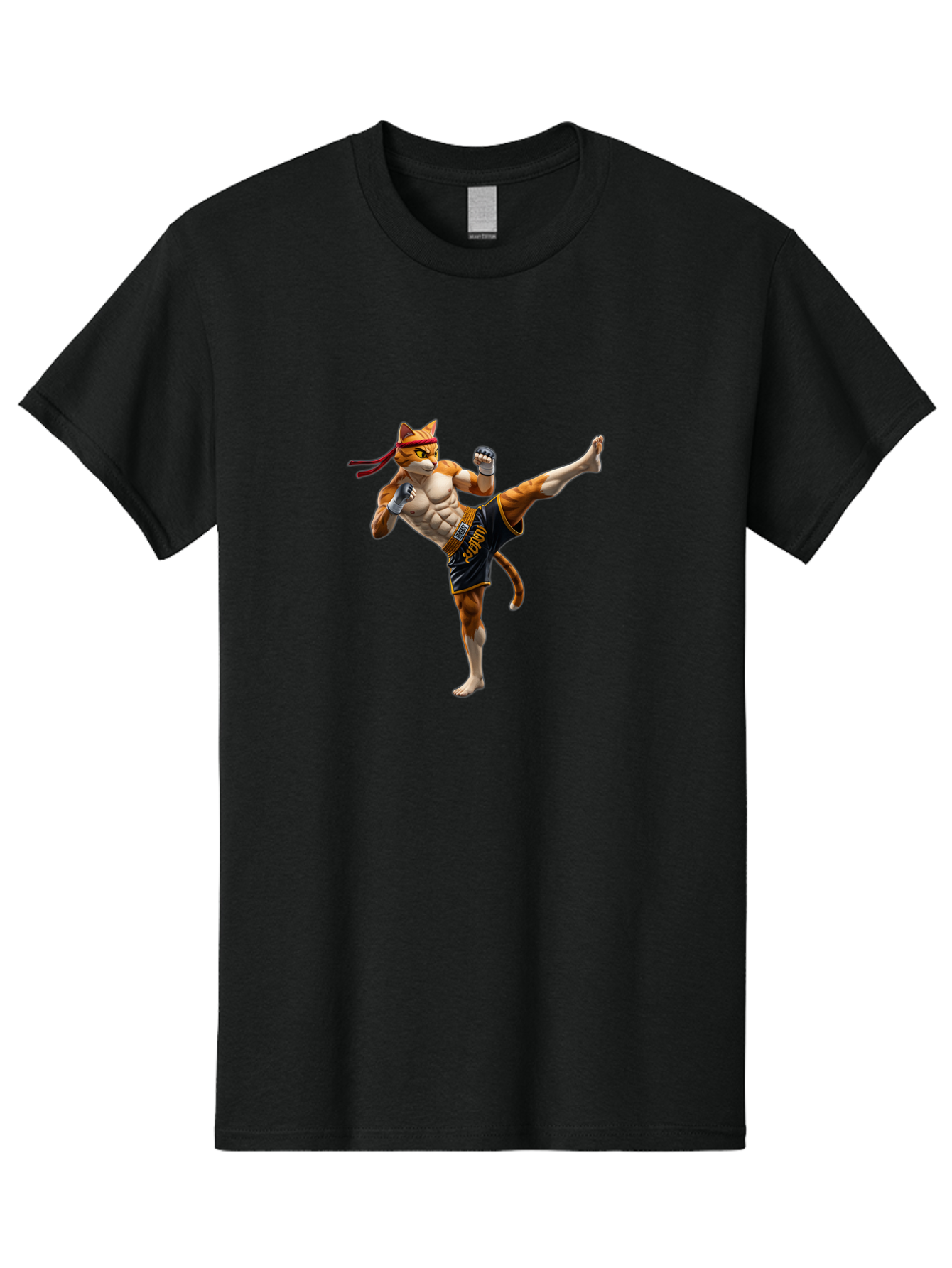 Kitt Men'S Graphic Tee, 100% Cotton, Comfortable Casual Summer Wear, Machine Washable, Cartoon Cat In Muay Thai Stance, Kickboxing Pose, Martial Arts, Athletic Physique, Orange Cat With Red Headband, Fighting Stance, Dynamic Action Bae478