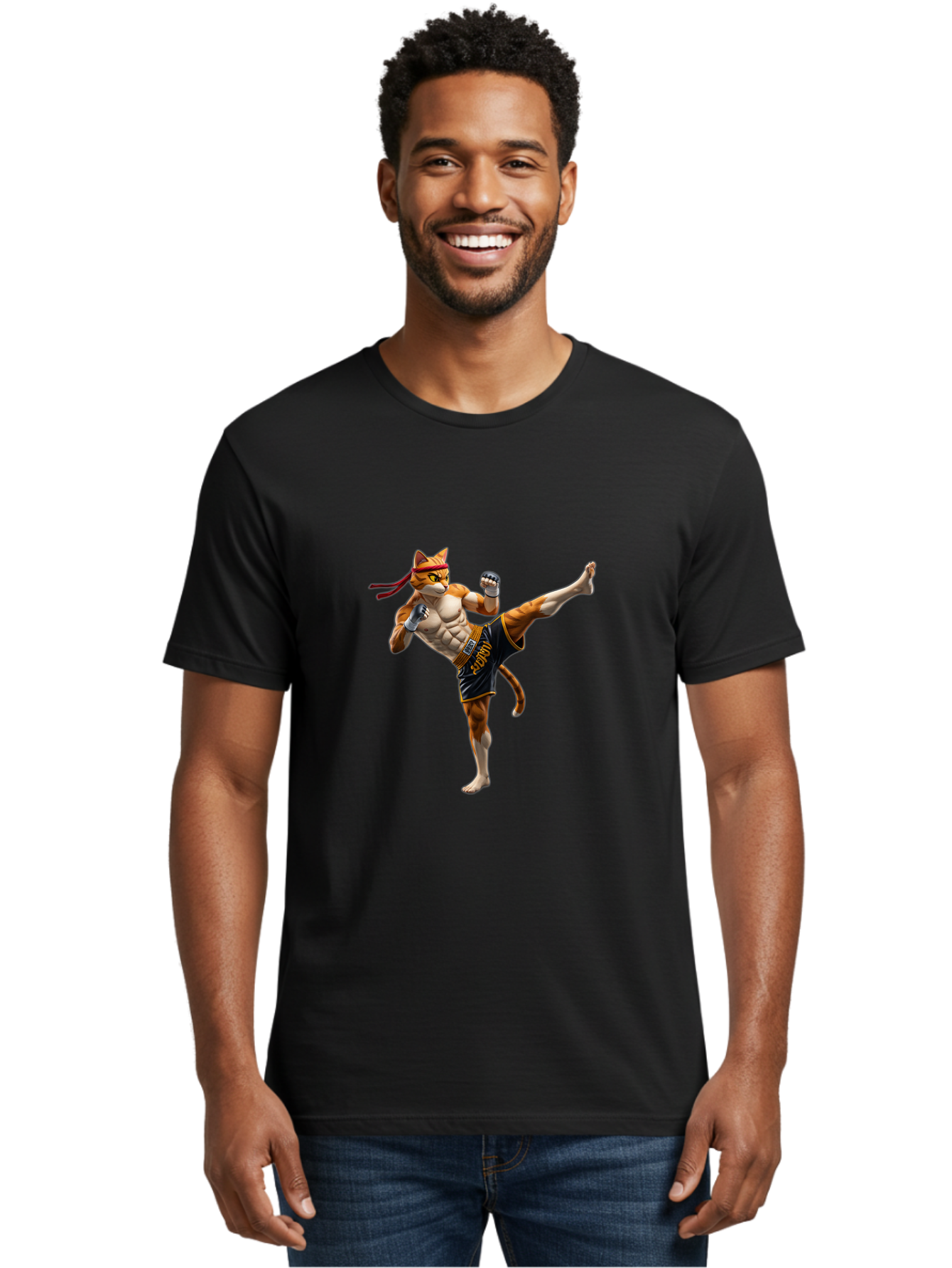 Kitt Men'S Graphic Tee, 100% Cotton, Comfortable Casual Summer Wear, Machine Washable, Cartoon Cat In Muay Thai Stance, Kickboxing Pose, Martial Arts, Athletic Physique, Orange Cat With Red Headband, Fighting Stance, Dynamic Action Bae478