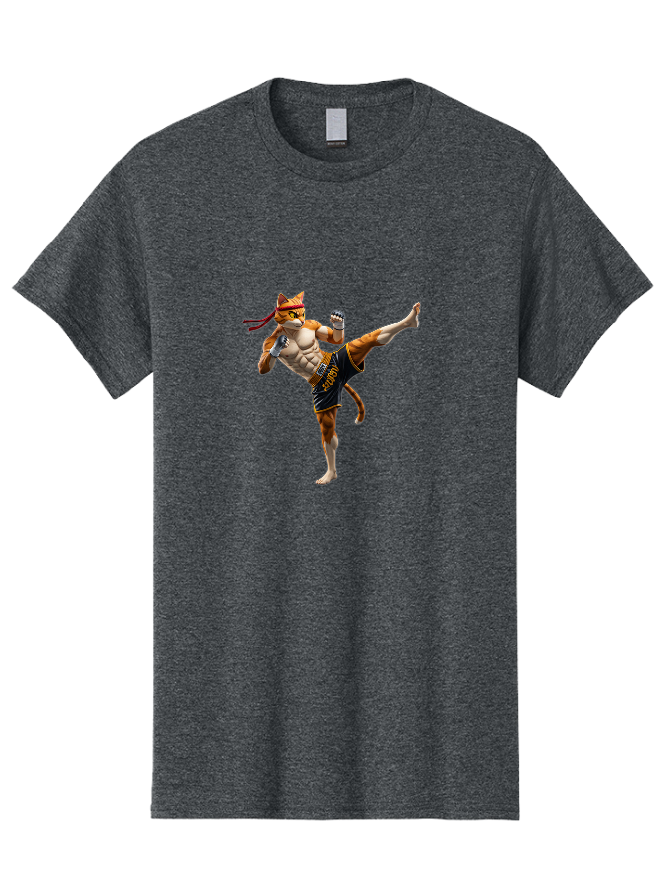Kitt Men'S Graphic Tee, 100% Cotton, Comfortable Casual Summer Wear, Machine Washable, Cartoon Cat In Muay Thai Stance, Kickboxing Pose, Martial Arts, Athletic Physique, Orange Cat With Red Headband, Fighting Stance, Dynamic Action Bae478