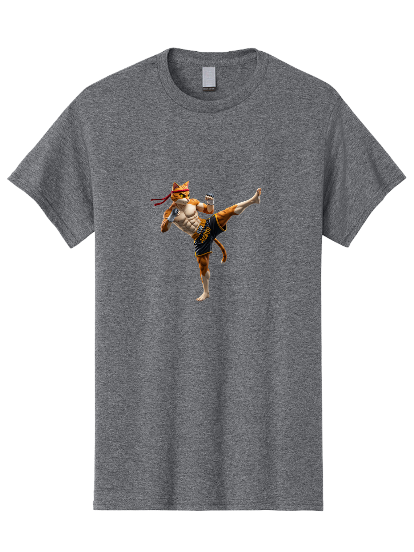 Kitt Men'S Graphic Tee, 100% Cotton, Comfortable Casual Summer Wear, Machine Washable, Cartoon Cat In Muay Thai Stance, Kickboxing Pose, Martial Arts, Athletic Physique, Orange Cat With Red Headband, Fighting Stance, Dynamic Action Bae478